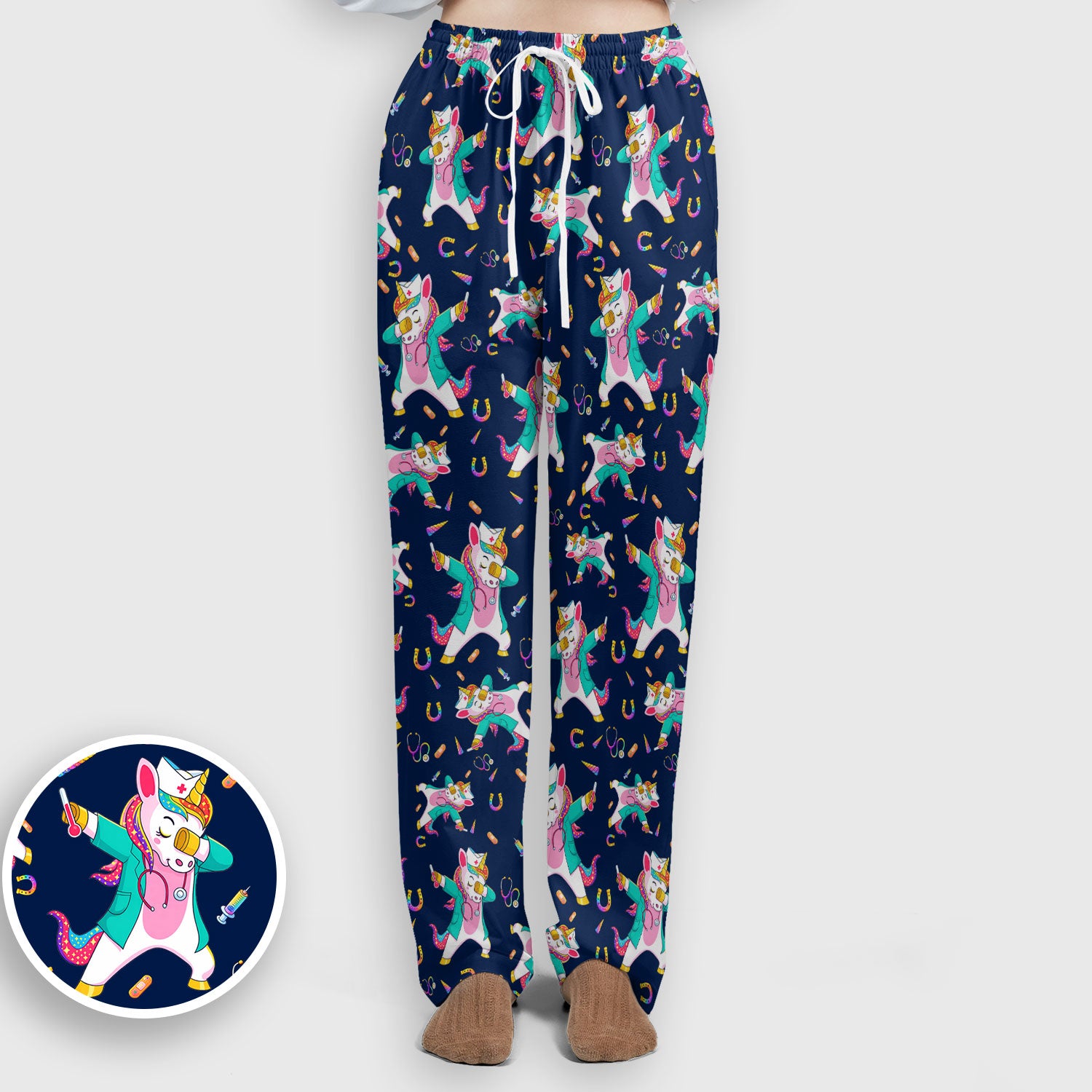 Cute Unicorn Nurse Dance Pattern Women's Sets, Scrub Pants and V Neck Top