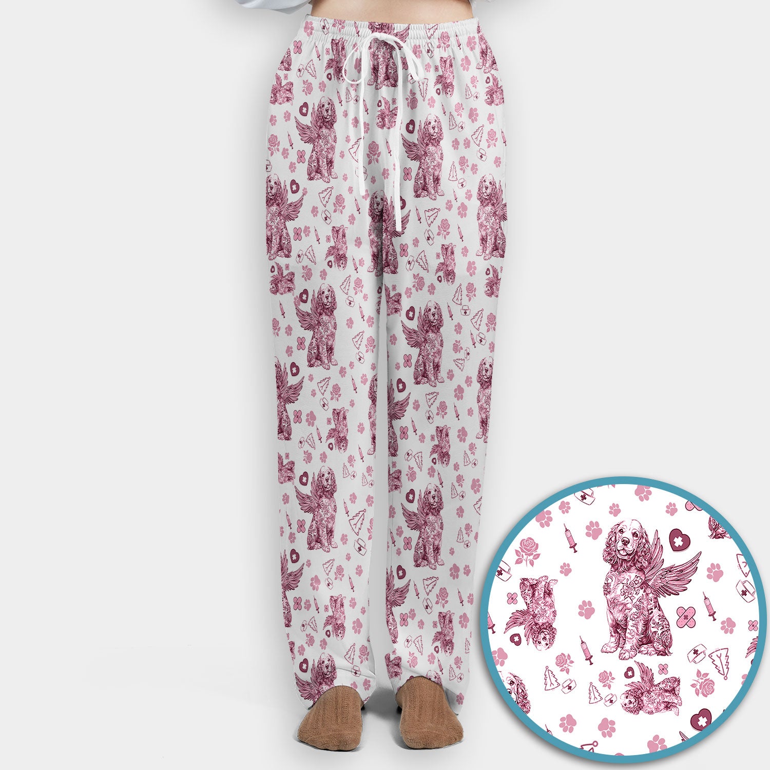 Toile De Jouy Scrub Set for Nurses - Angel Puppy Medical Uniform - Floral Dog in Heaven Gift for Women, Vet Techs, RN CNA LPN