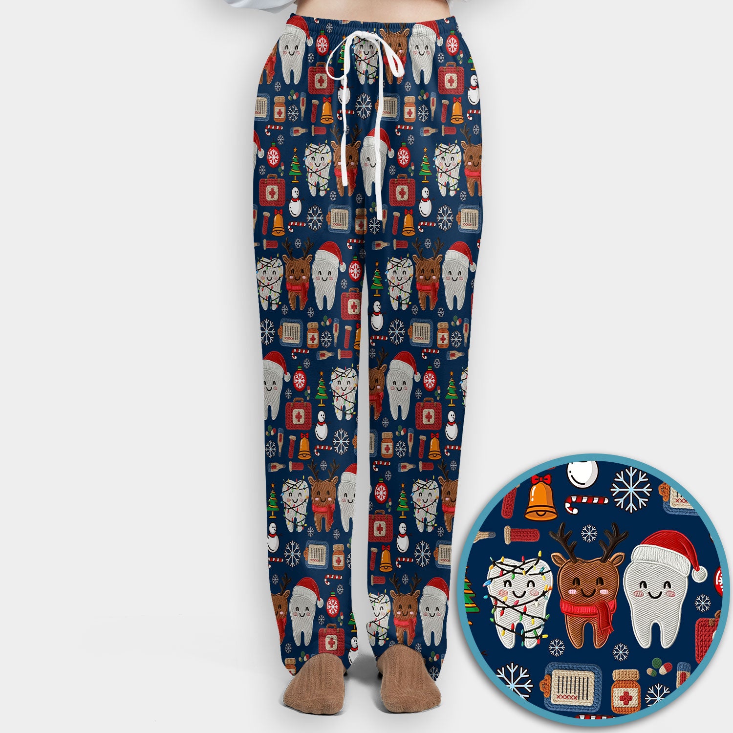 Christmas Dental Scrub Set - Cute Santa & Reindeer Tooth Pants and V Neck Top - Funny Gift for Dentists, Hygienists, Nurses