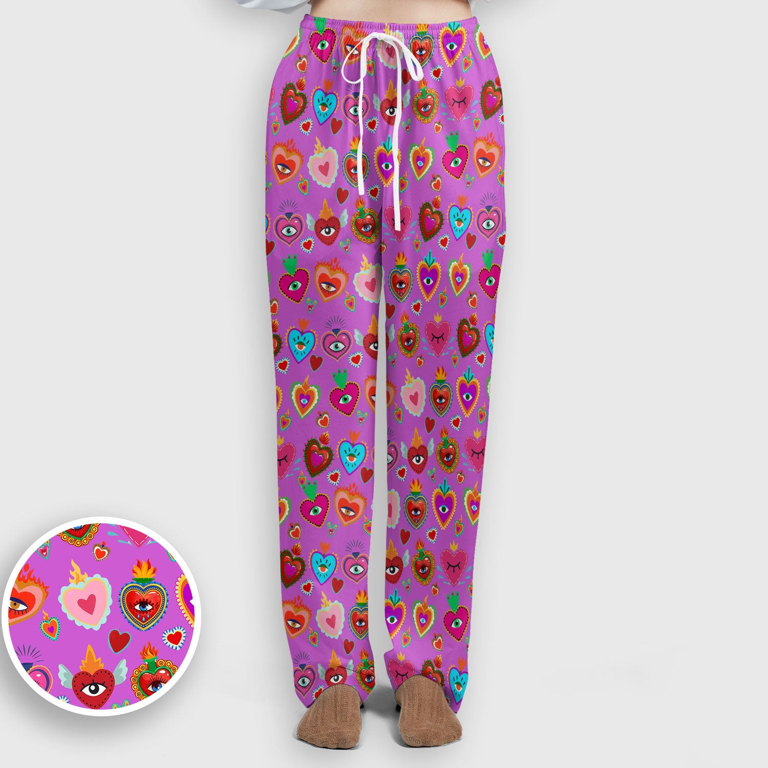 Valentine Colorful Sacred Heart Print Women's Scrub Set, Scrub Pants and V Neck Top