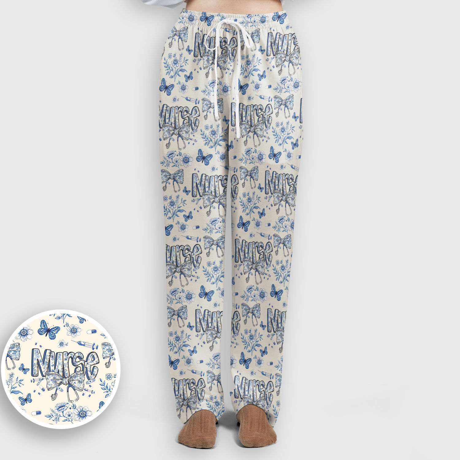 Blue Nurse Bow Butterfly Floral Pattern Scrub Set,  Breathable Med Uniform