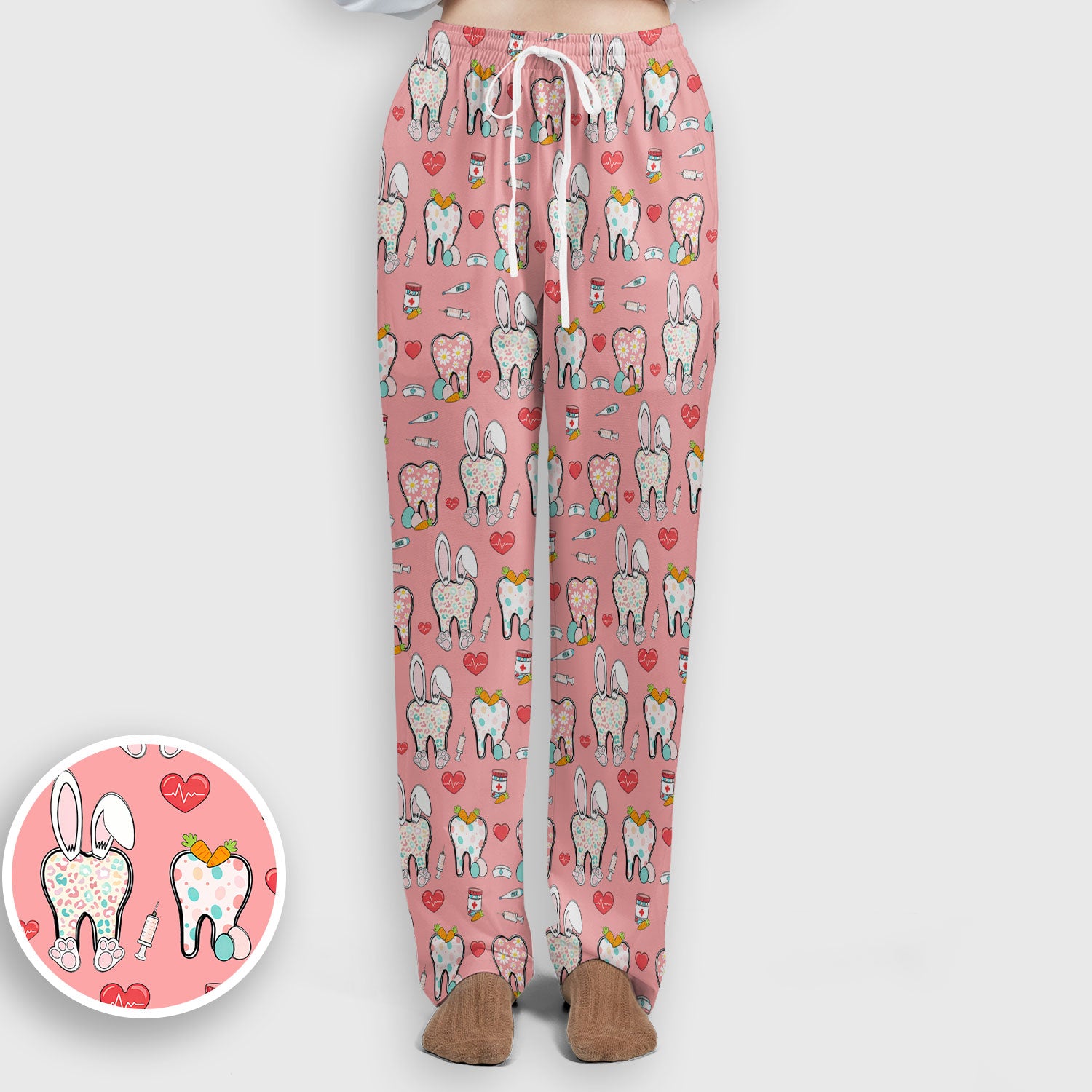 Playful Bunny Dentist Illustration Medical Set, Scrub Pants and V Neck Top