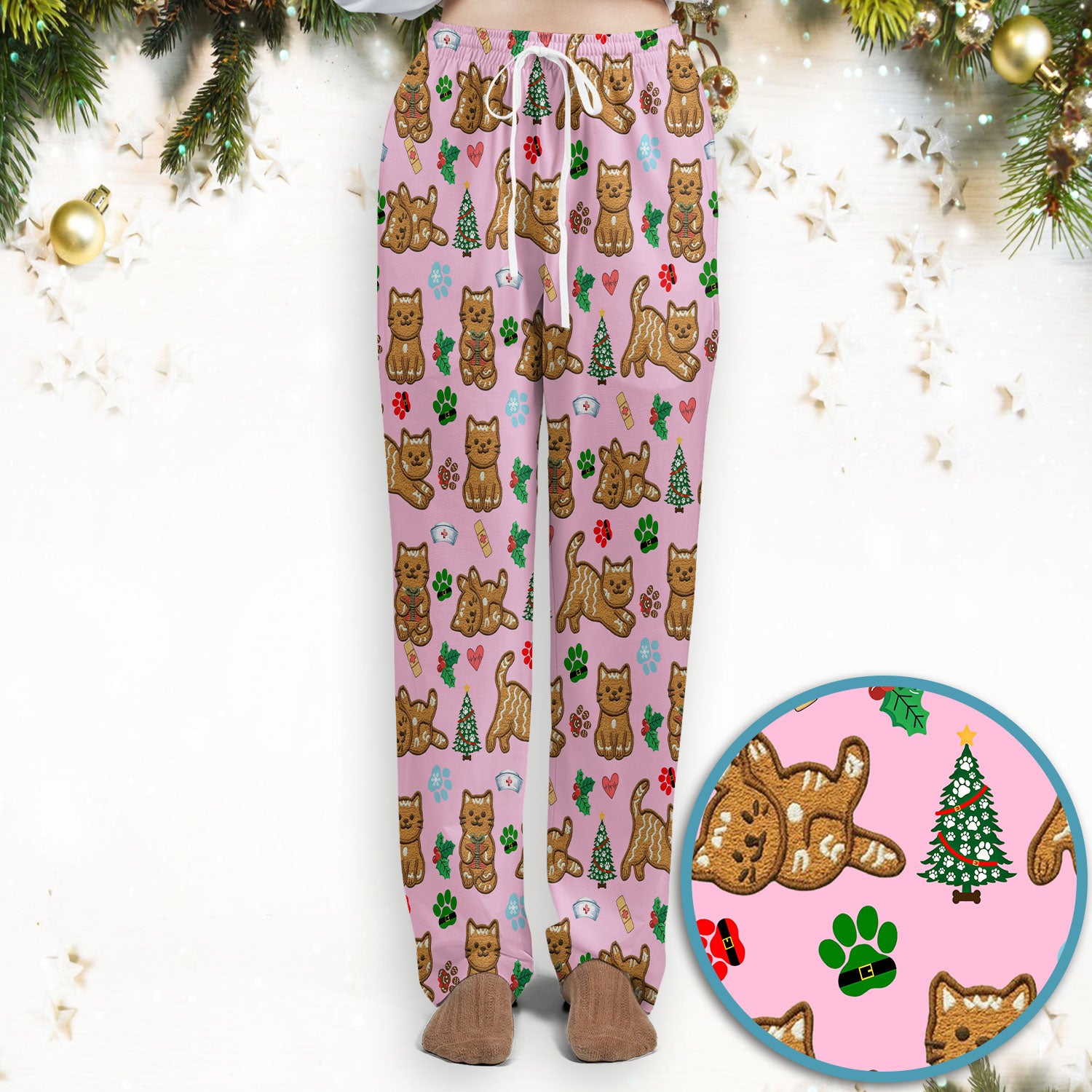 Gingerbread Cat Christmas Scrub Set, Cute Holiday Kitty Medical Uniform Shirt For Nursing, Festive Nurse Pattern