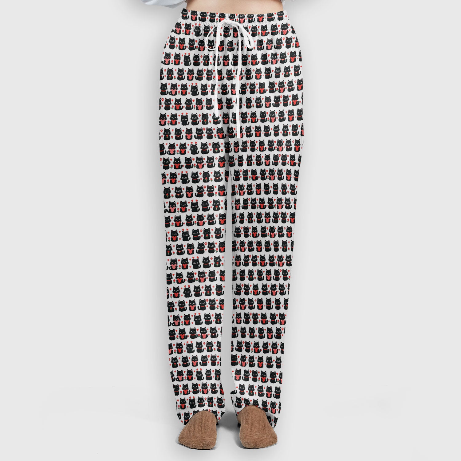 Black Cat Valentine Nurse Scrub Set, Cute Heart Pattern Medical Shirt, Breathable Fabrics Nursing Uniform