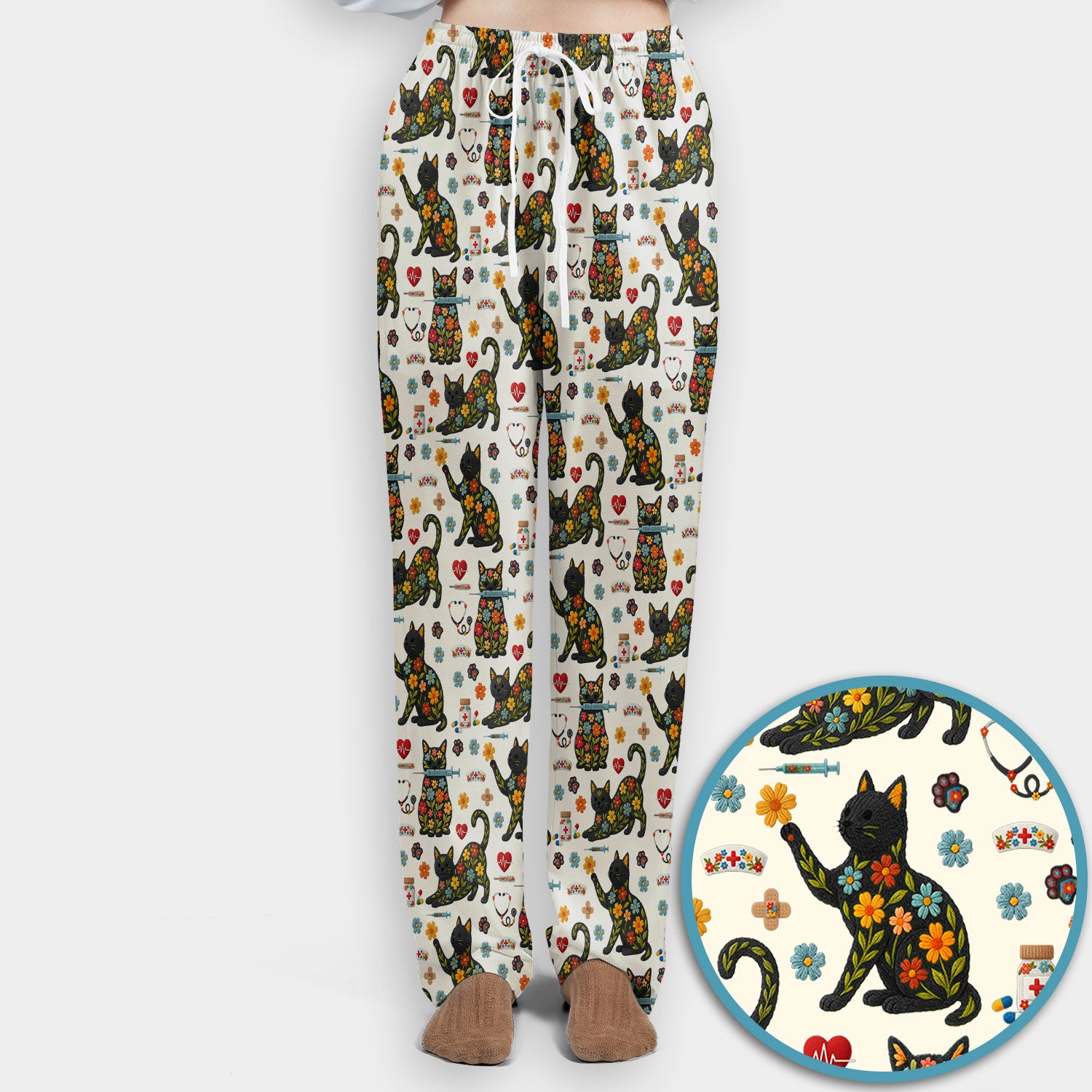 Floral Black Cat Pattern Scrub Set, Cute Cat Nurse Scrub Shirt, Medical Nursing Uniform