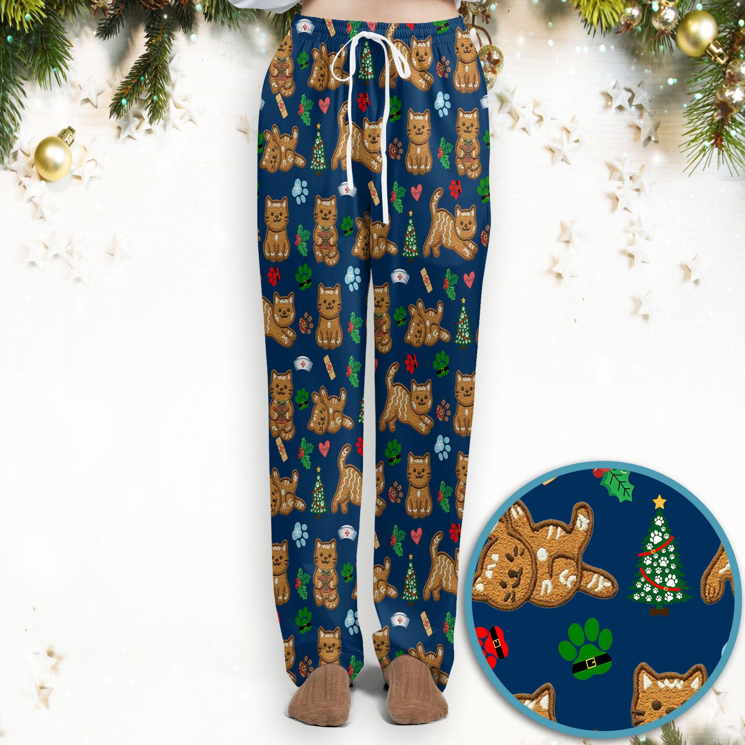 Gingerbread Cat Christmas Scrub Set, Cute Holiday Kitty Medical Uniform Shirt For Nursing, Festive Nurse Pattern