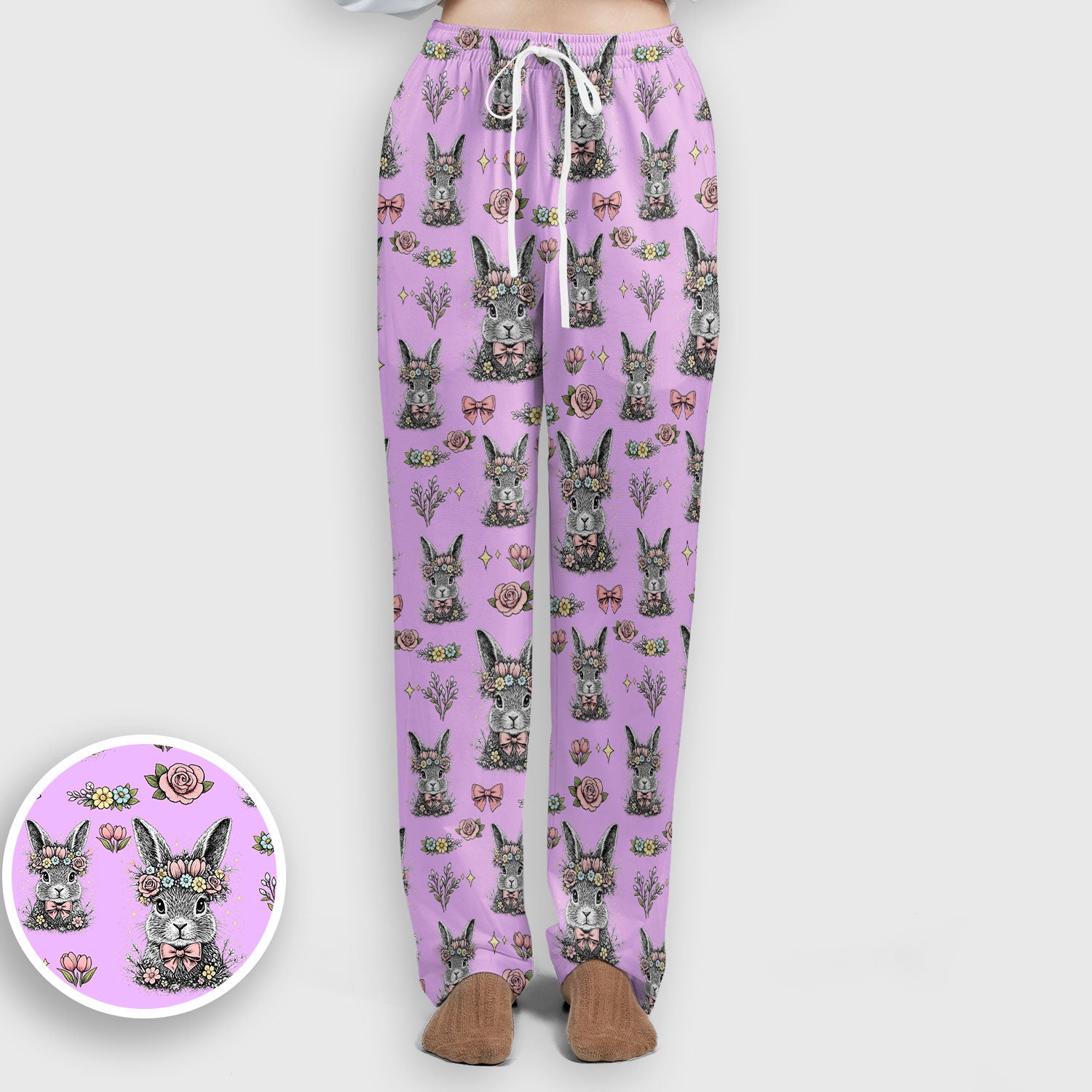 Vintage Floral Bunny Print Scrub Set, Scrub Pants and V Neck Top