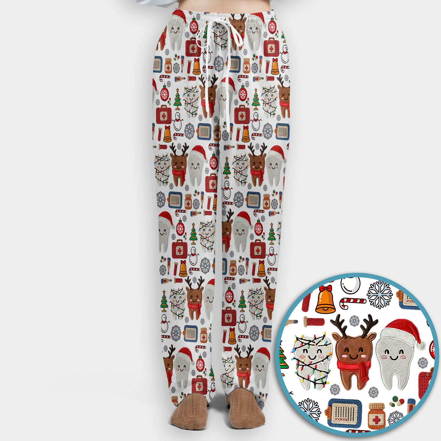 Christmas Dental Scrub Set - Cute Santa & Reindeer Tooth Pants and V Neck Top - Funny Gift for Dentists, Hygienists, Nurses