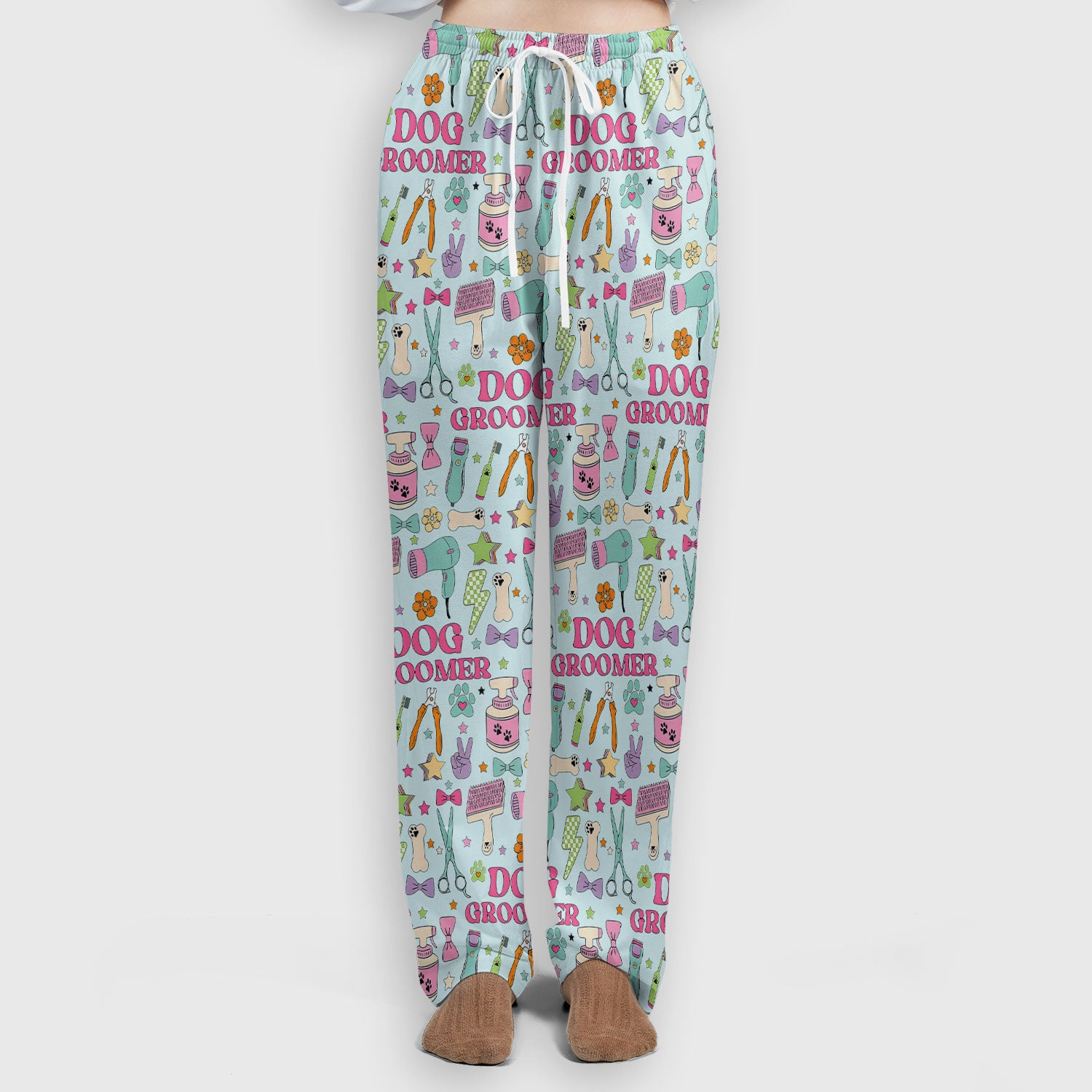 Dog Groomer Tools Pattern Women's Scrub Set, Scrub Pants and V Neck Top