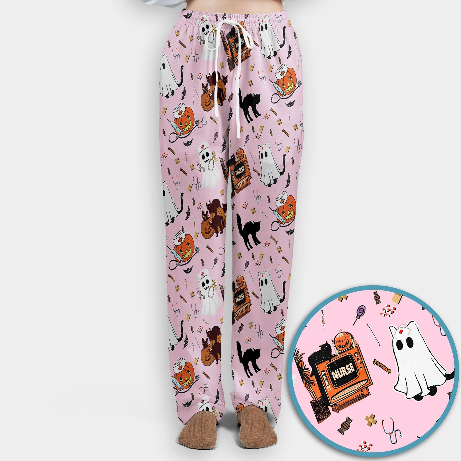 Halloween Scrub Set for Nurse - Cute Pumpkin Ghost Cat Medical Pants and V Neck Top - Spooky Uniform for Women RN CNA LPN