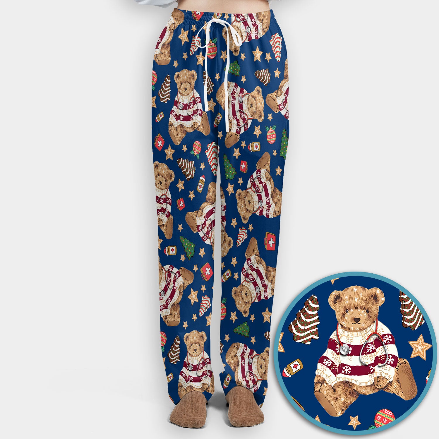 Teddy Bear Christmas Scrub Set - Festive Scrubs Pants and V Neck Top for Women - Gift for Nurses RN CNA LPN