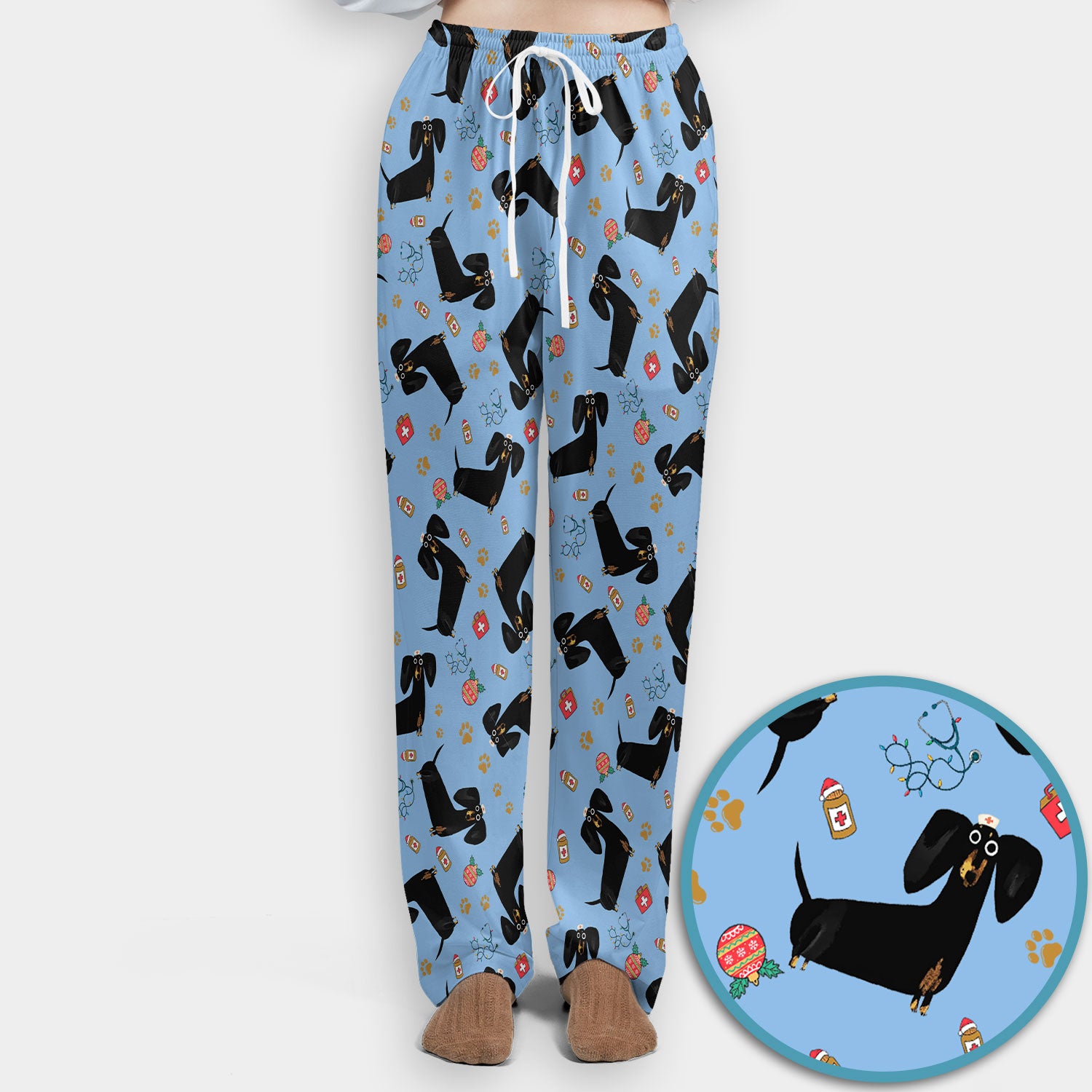Funny Black Dachshund Scrub Set for Nurses - Cute Wiener Dog Scrubs Pants and V Neck Top - Puppy Lover Nursing Gift for Women