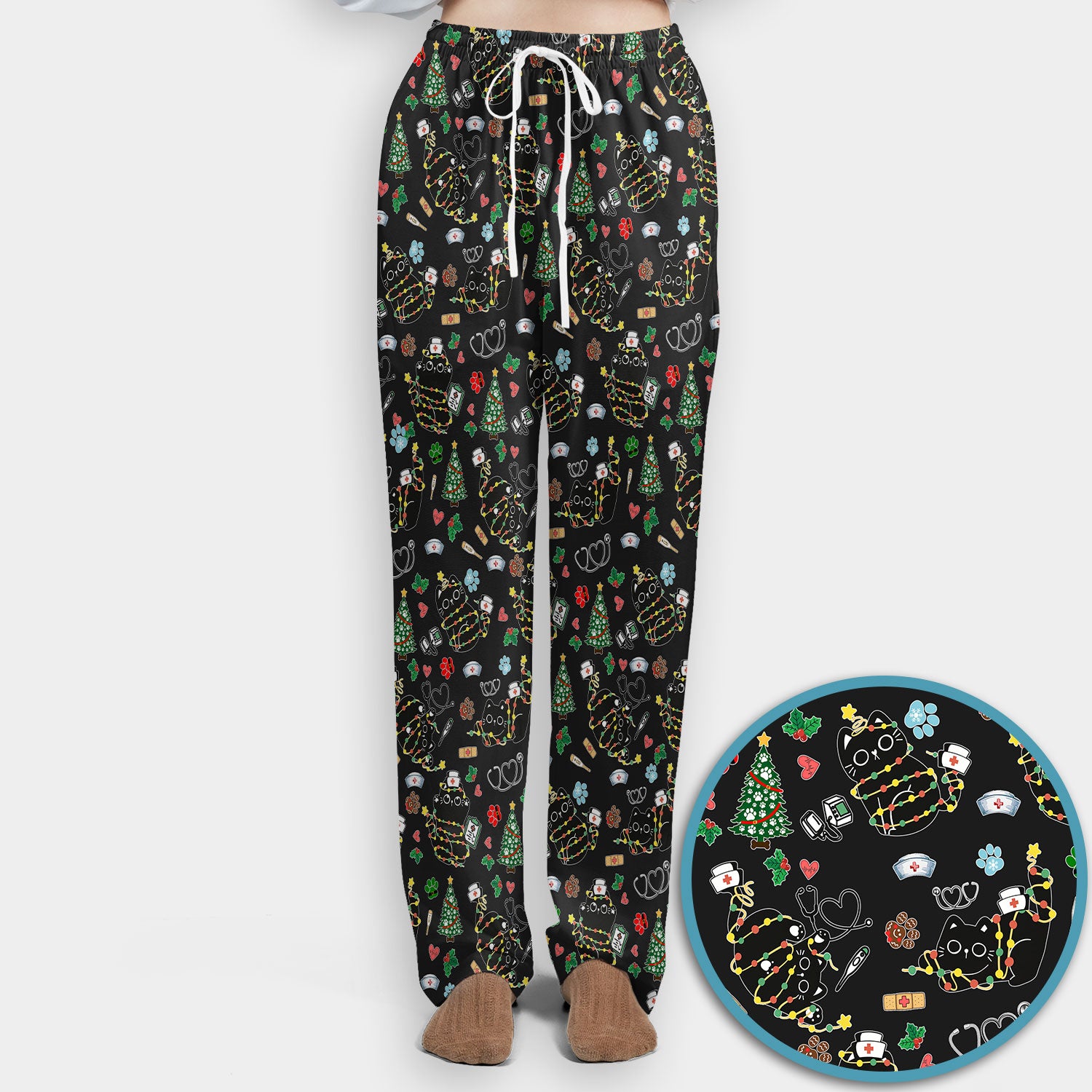 Funny Black Cat Christmas Scrub Set – Cute Holiday Kitty Pattern – Festive Medical Uniform for Nurses, Vets, and Cat Lovers