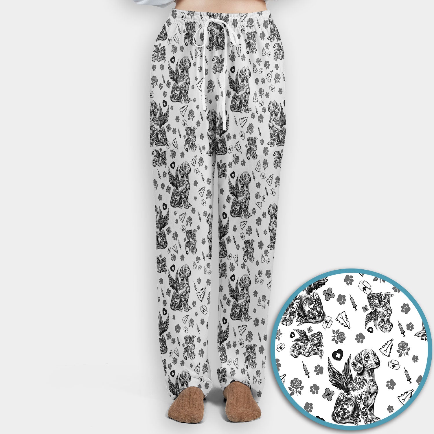 Toile de Jouy Dachshund Angel Scrub Set - Blue Vintage Wiener Dog Scrubs Pants and V Neck Top - Memorial Puppy Gift