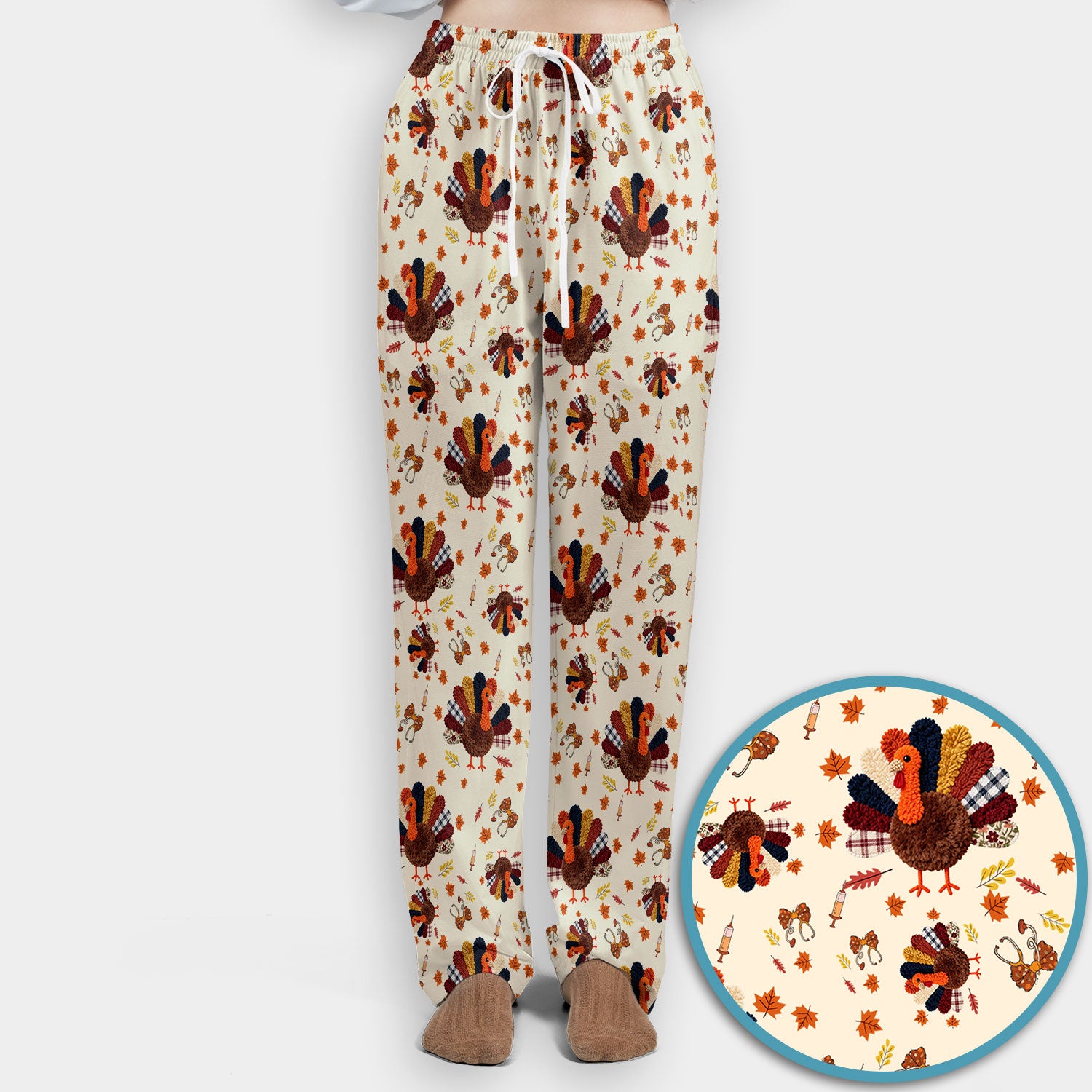Funny Thanksgiving Nurse Scrub Sets - Fall Leaves and Pumpkin Scrub Pants and V Neck Top - Autumn Turkey Med Uniform