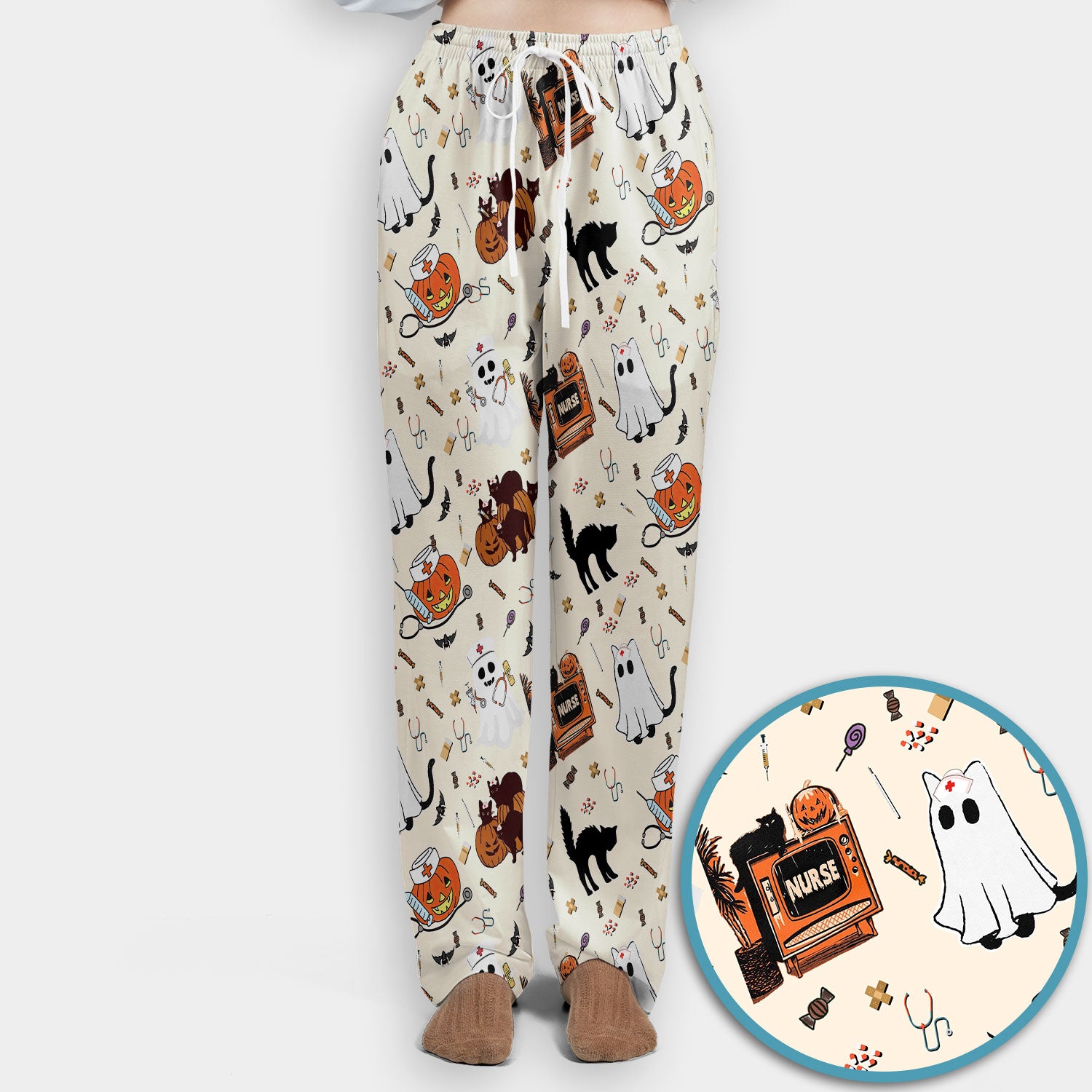Halloween Scrub Set for Nurse - Cute Pumpkin Ghost Cat Medical Pants and V Neck Top - Spooky Uniform for Women RN CNA LPN