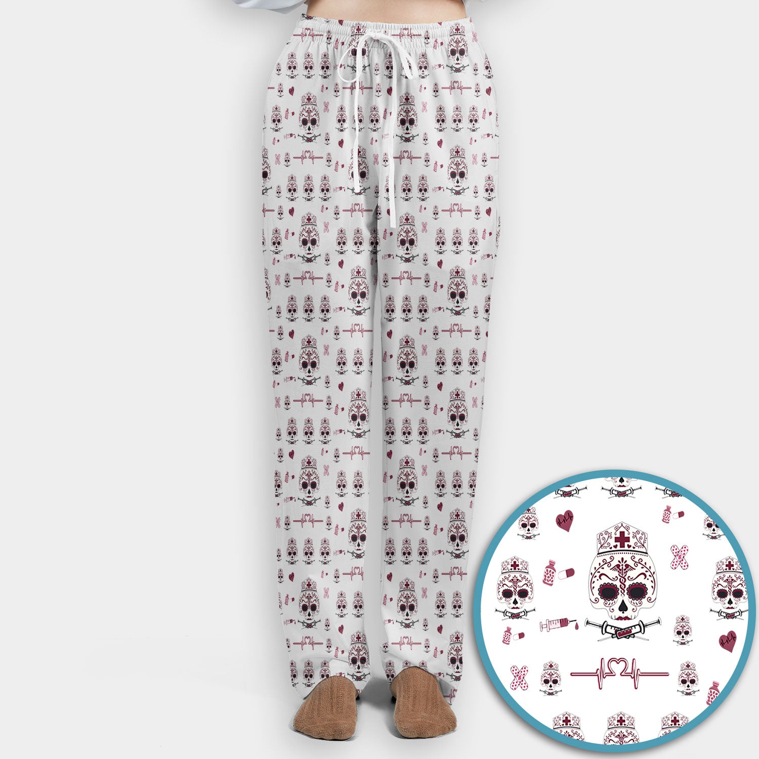 Sugar Skull Scrub Set, Skull Pattern Scrub Shirt, Breathable Fabrics Nursing Uniform