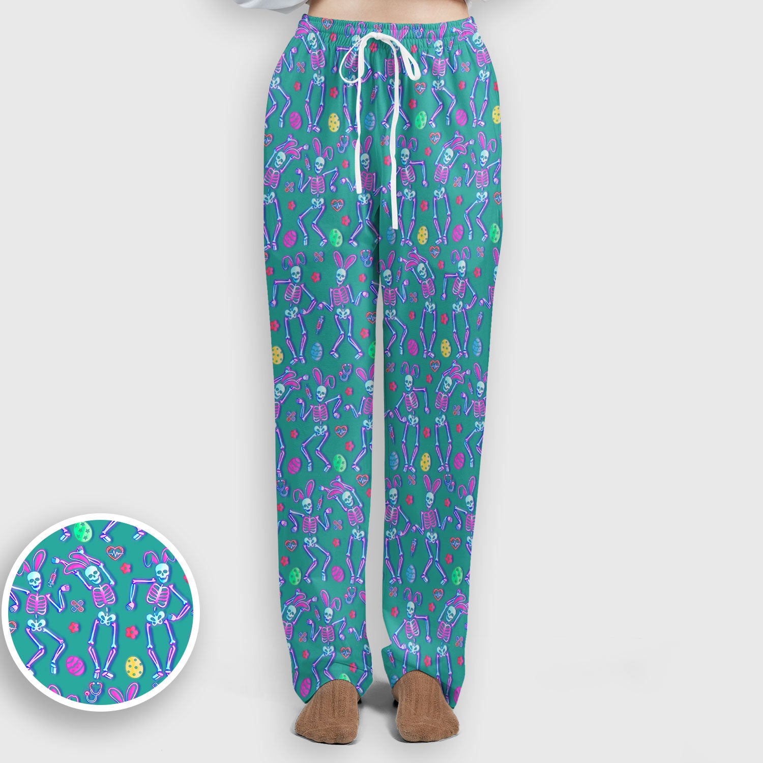 Neon Easter Skeleton Print Scrub Set, Scrub Pants and V Neck Top