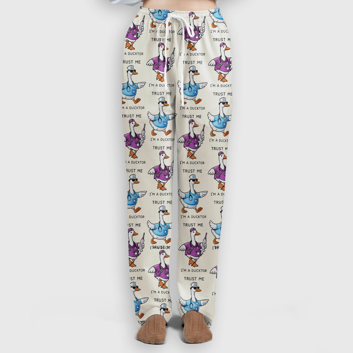 Funny Duck Cartoon Medical Pattern Scrub Set, Scrub Pants and V Neck Top