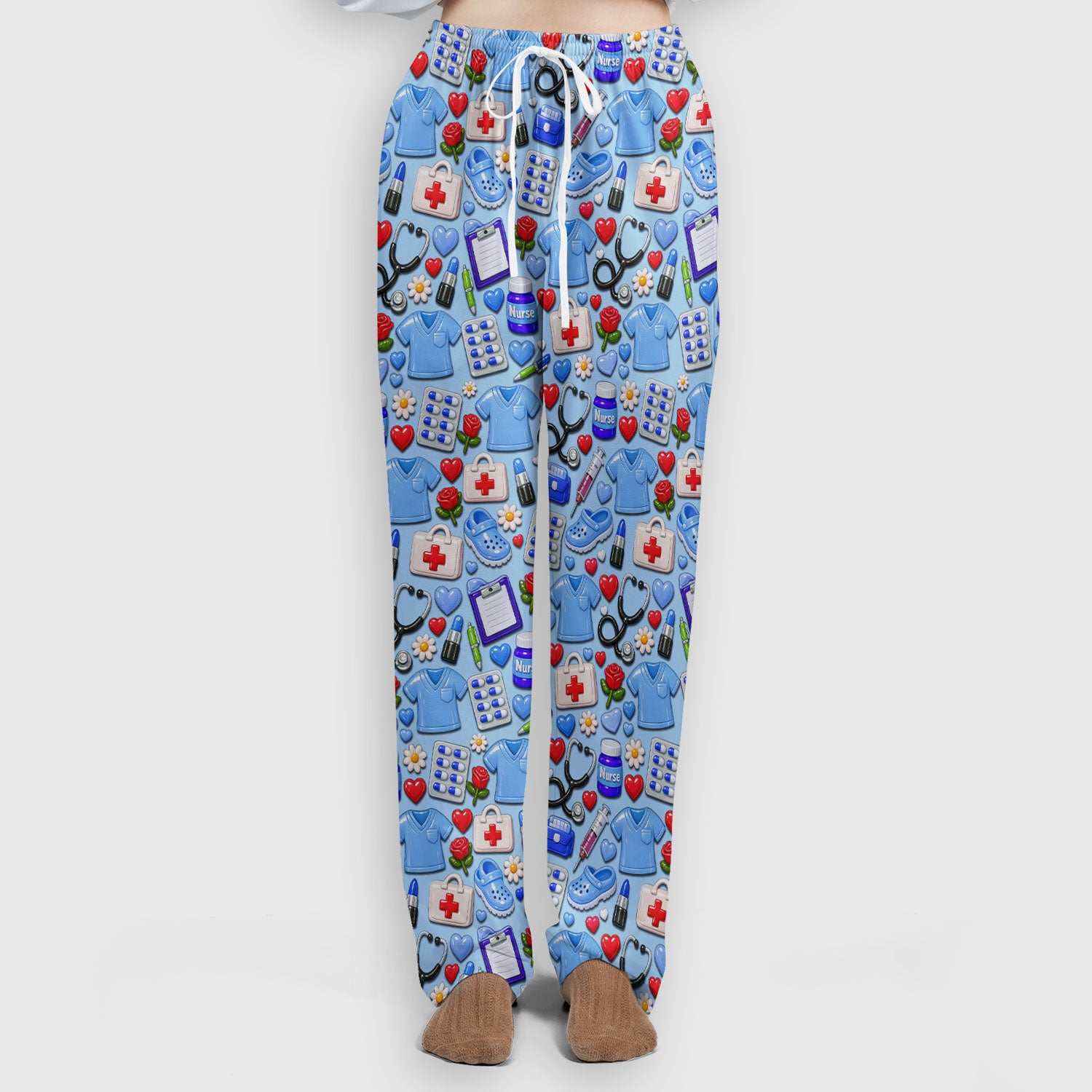 Medical Icons Scrub Set, Cute Pattern Nurse Shirt, Breathable Fabrics Nursing Uniform