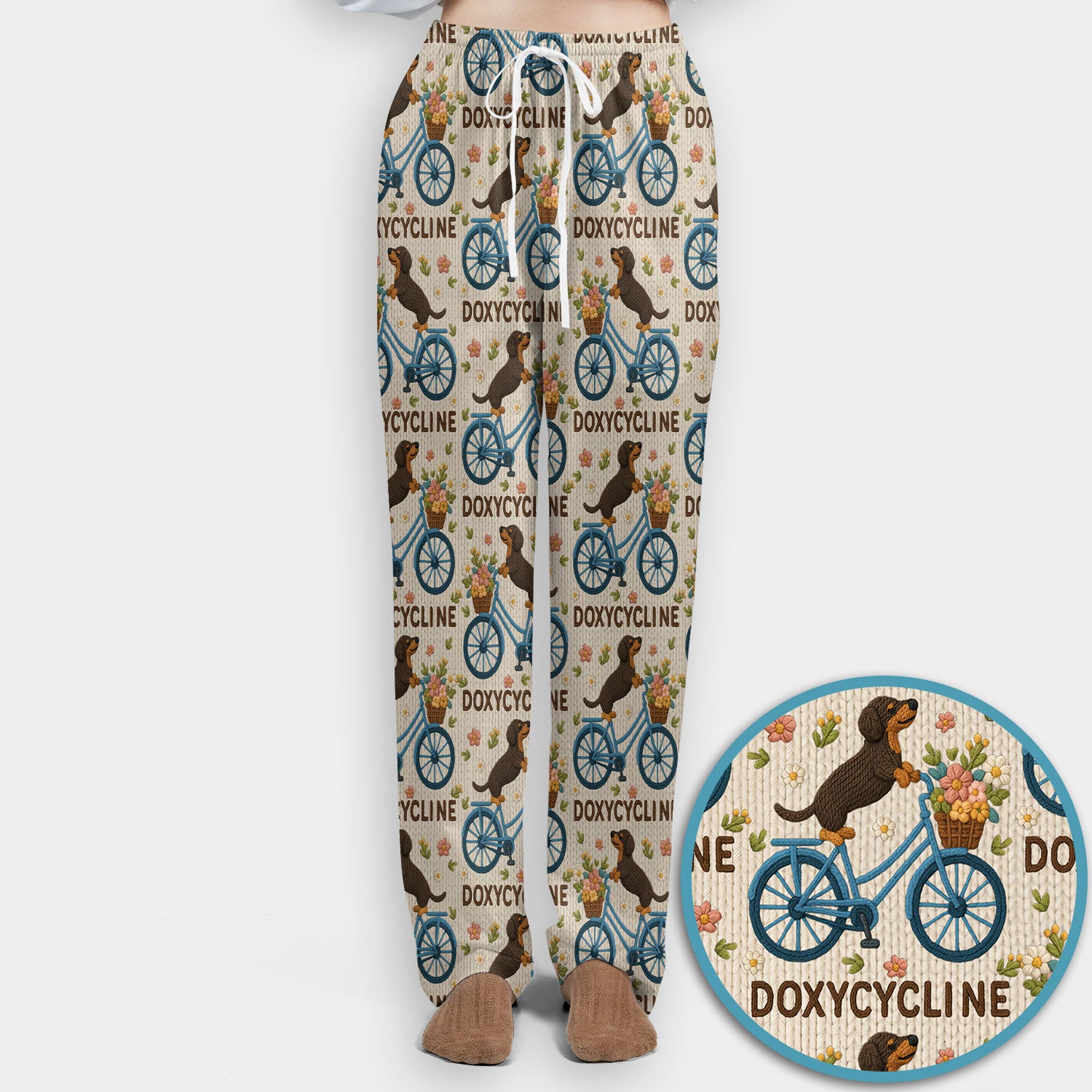 Doxycycline Pharmacy Pun Scrub Set - Dachshund on Bicycle Pharmacists Scrubs Pants and V Neck Top - Veterinary Technicians Gift