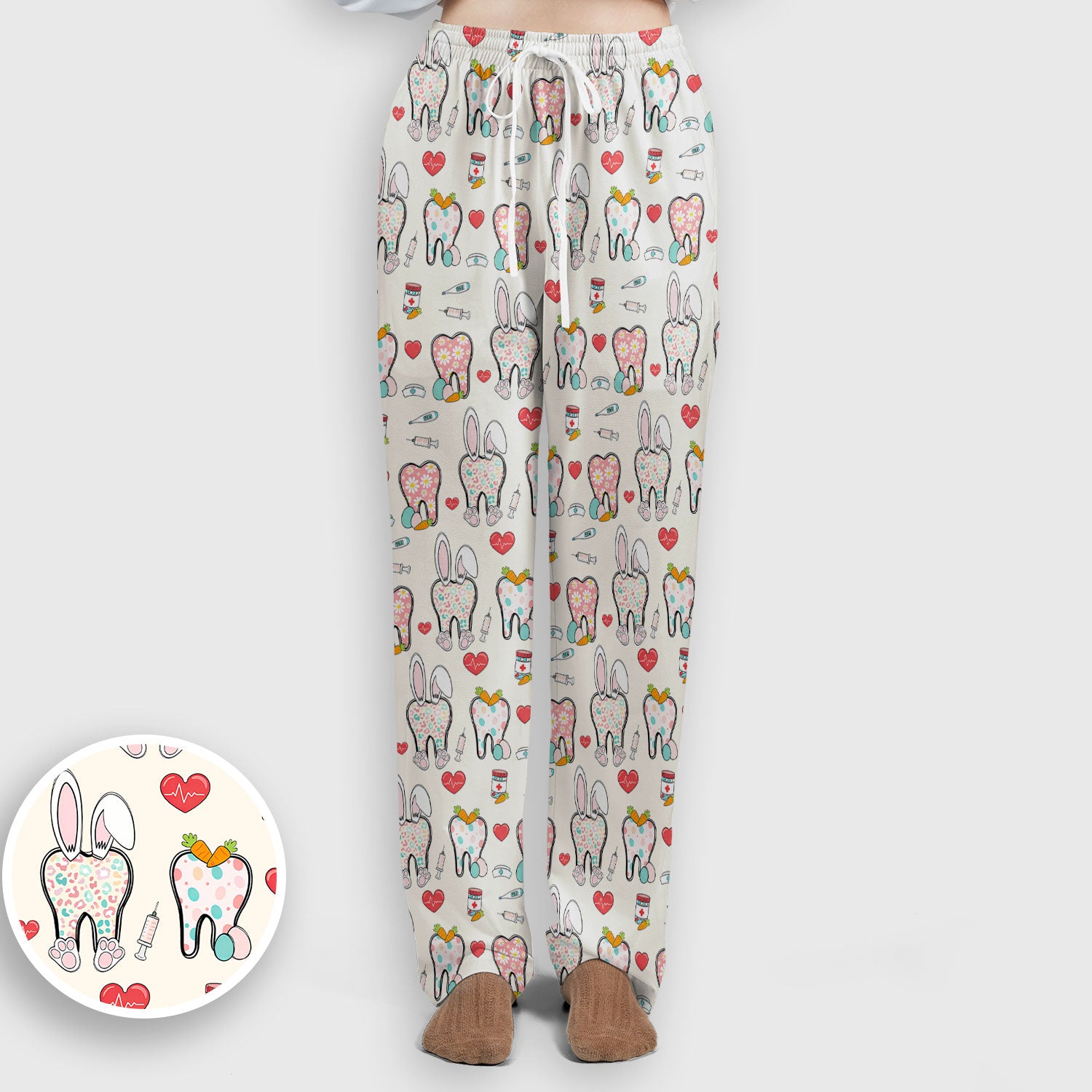 Playful Bunny Dentist Illustration Medical Set, Scrub Pants and V Neck Top