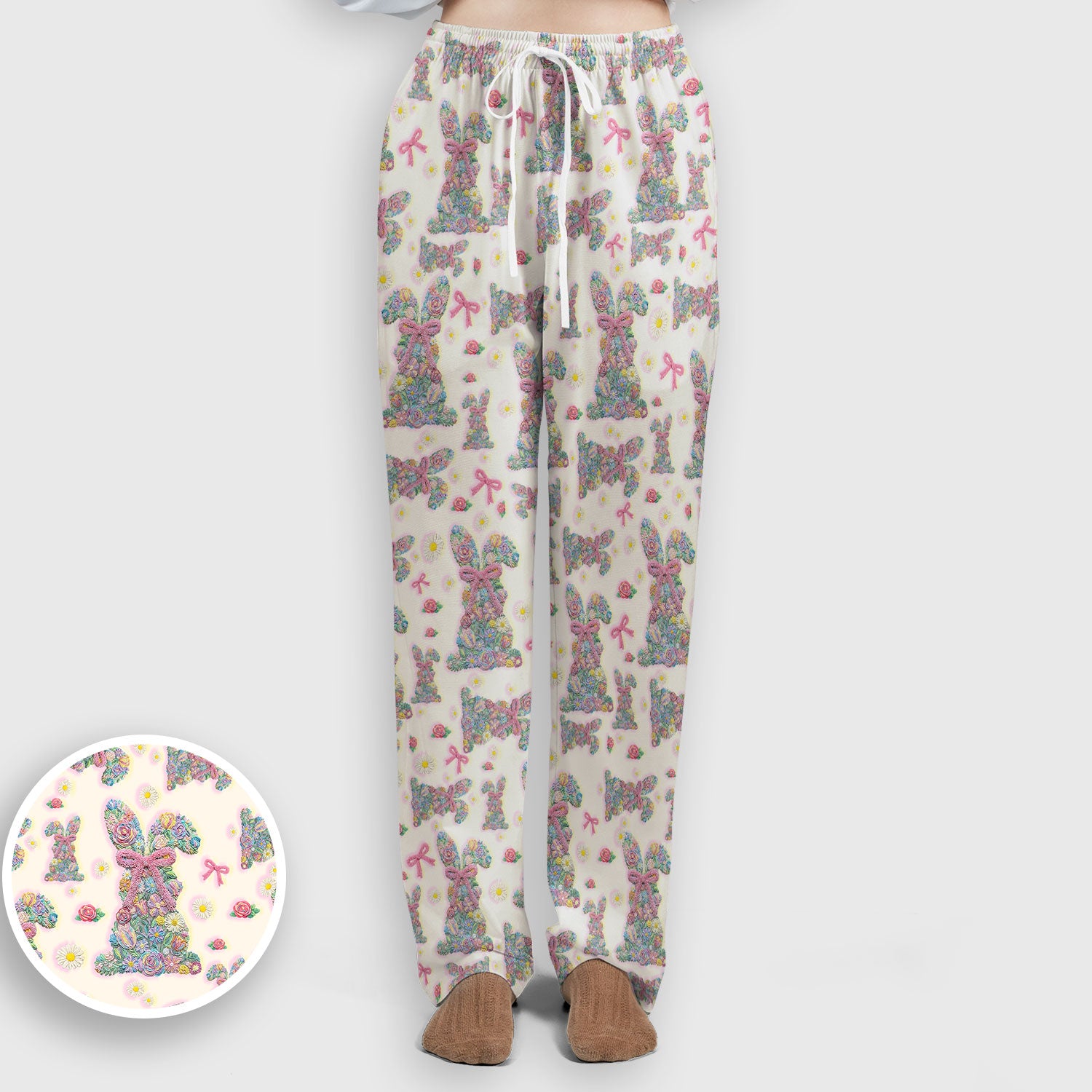 Colorful Floral Bunny with Pink Bow Pattern Scrub Set, Breathable Med Uniform