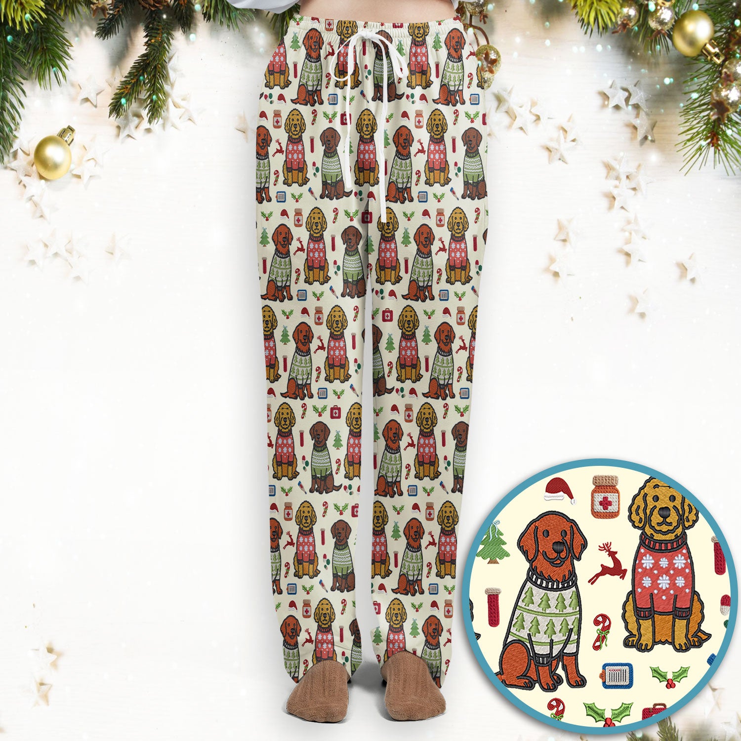 Golden Retriever Christmas Scrub Set, Cute Holiday Dog Nurse Pattern Shirt, Breathable Fabrics Nursing Uniform