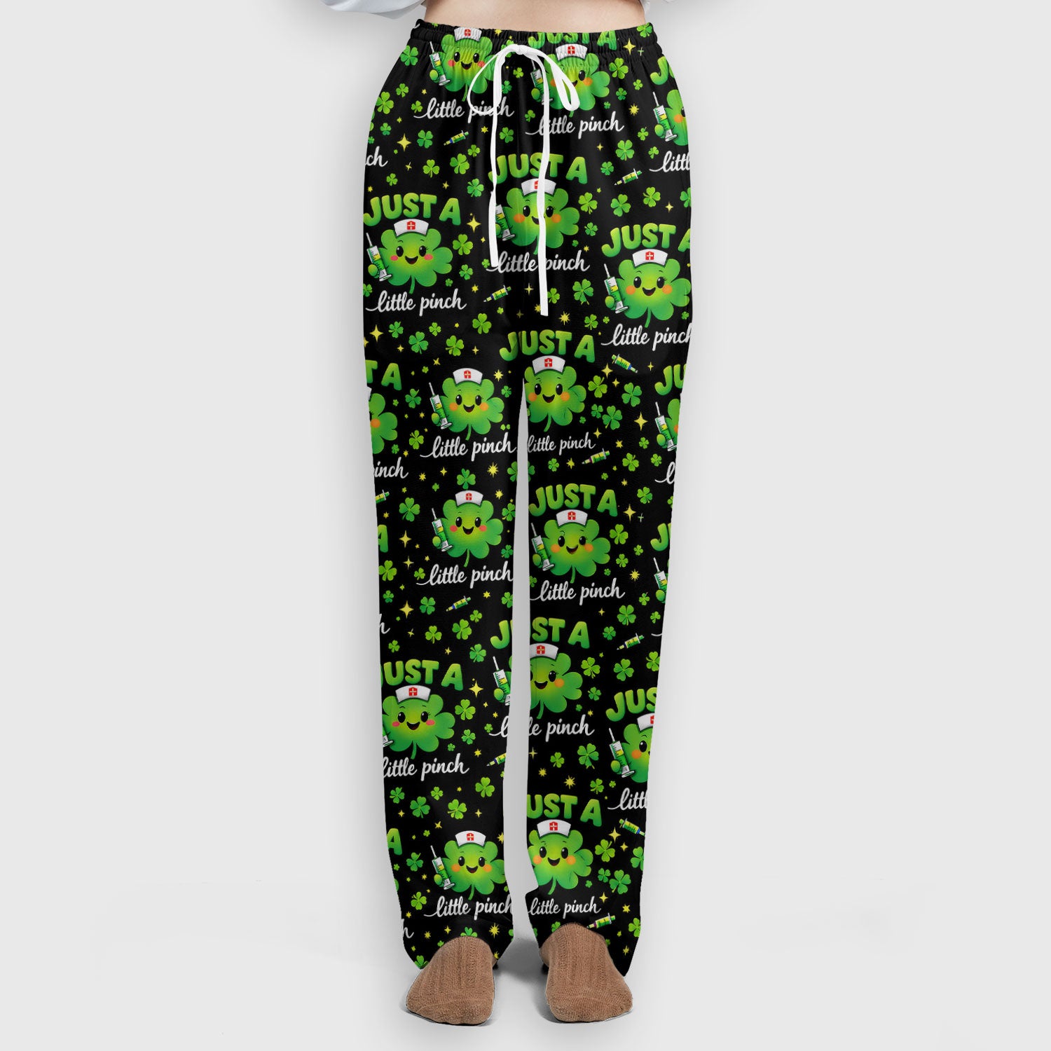Shamrock Nurse Just A Little Pinch Print Scrub Set, Scrub Pants and V Neck Top