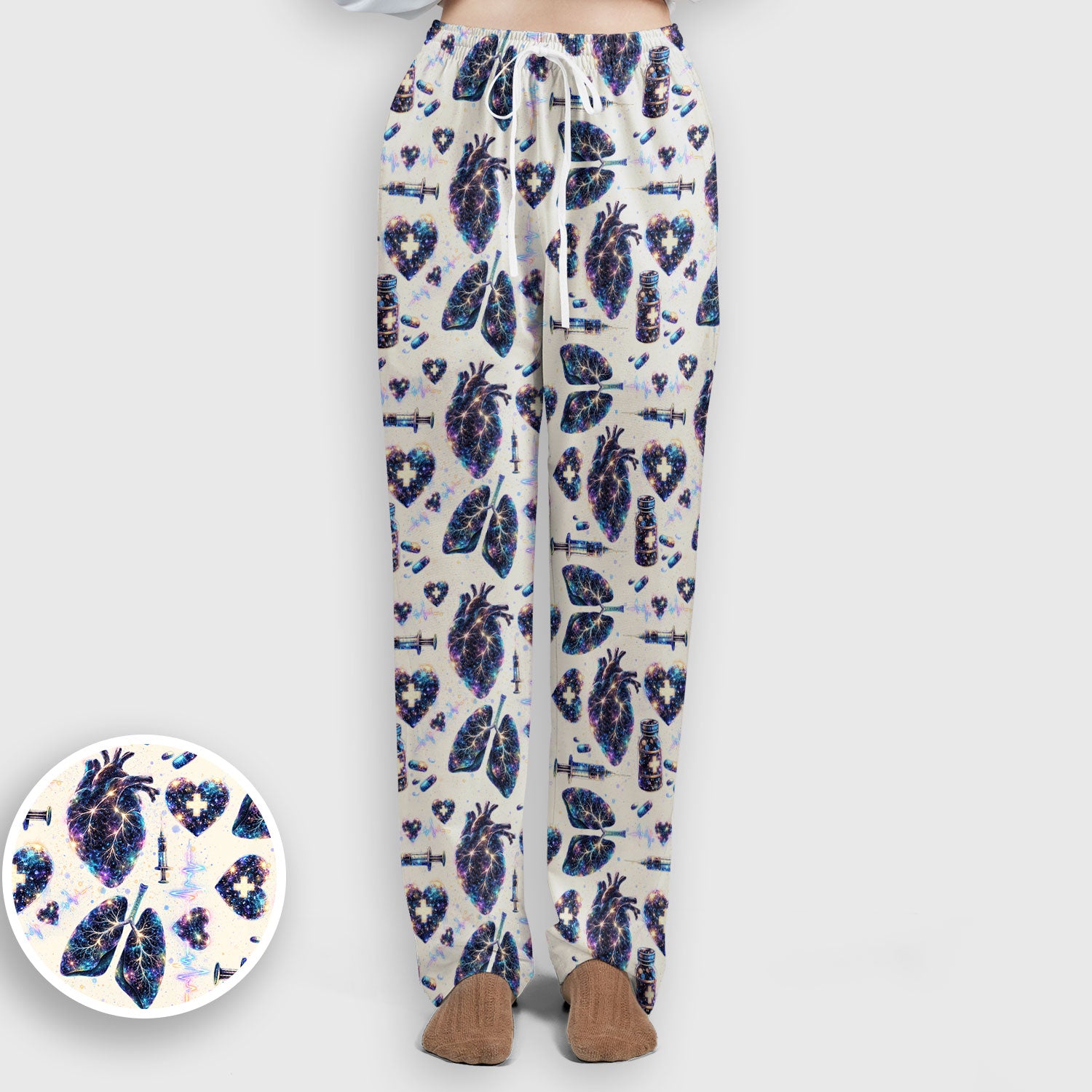 Galaxy Anatomical Heart Lung Syringe Print Scrub Set, Breathable Med Uniform
