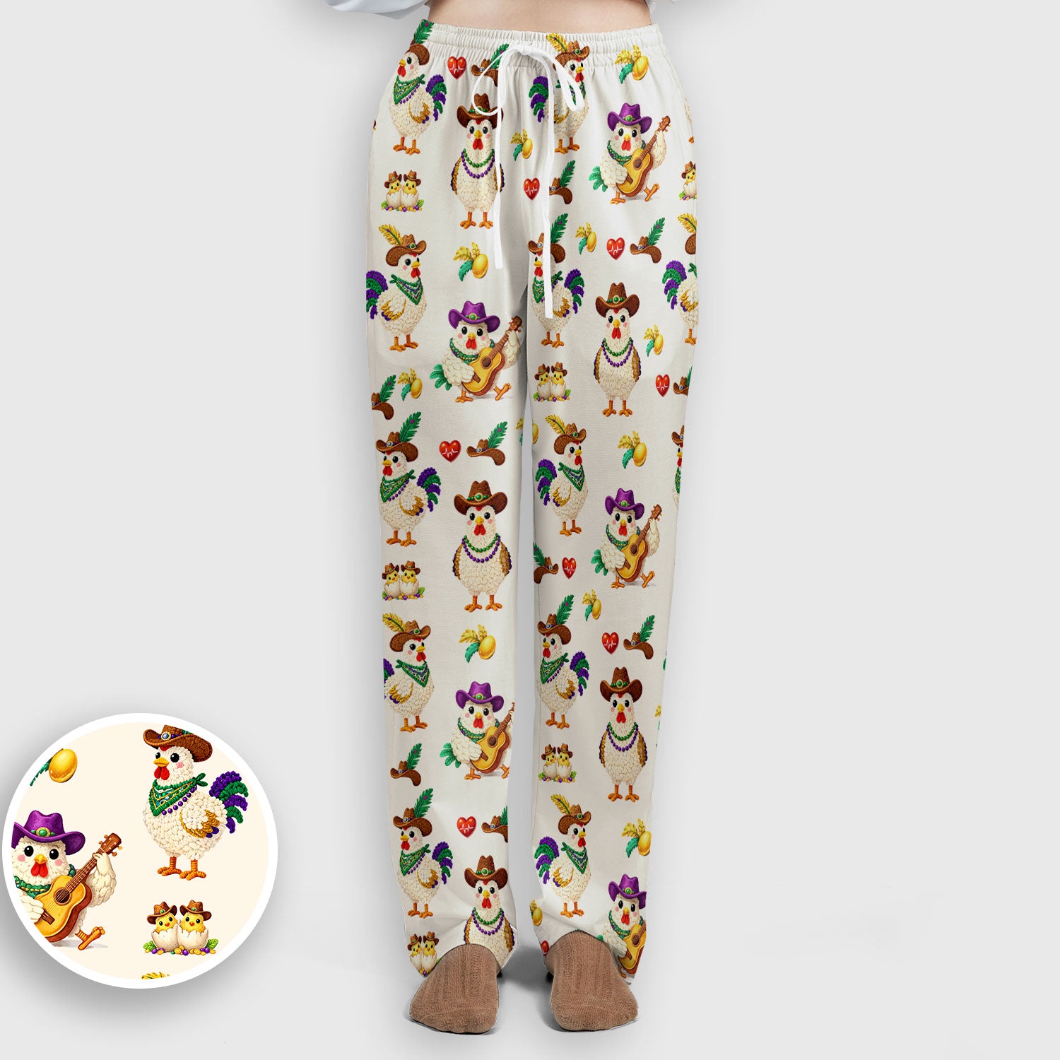 Funny Mardi Gras Rooster Cowboy Print Set, Women's Scrub Sets