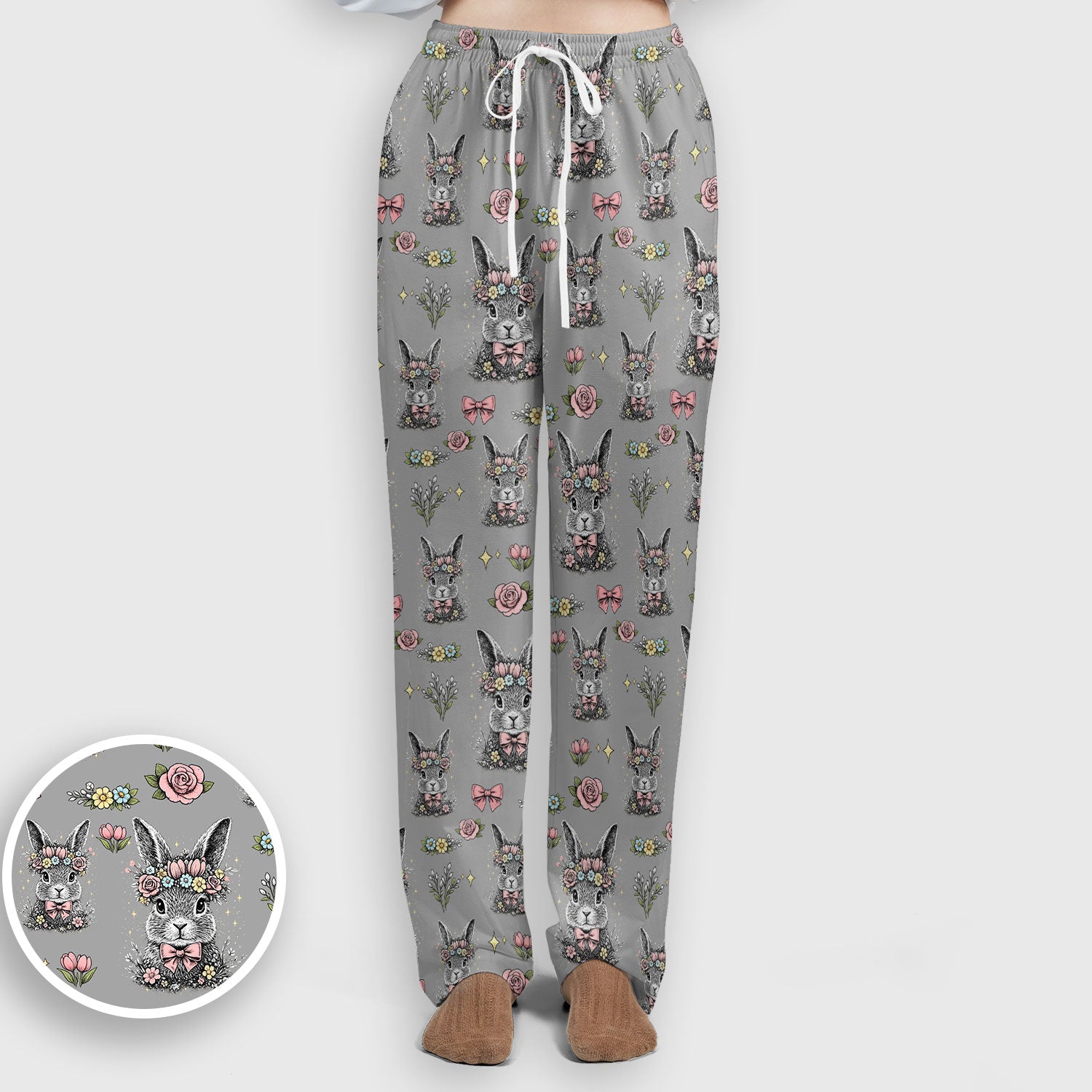 Vintage Floral Bunny Print Scrub Set, Scrub Pants and V Neck Top