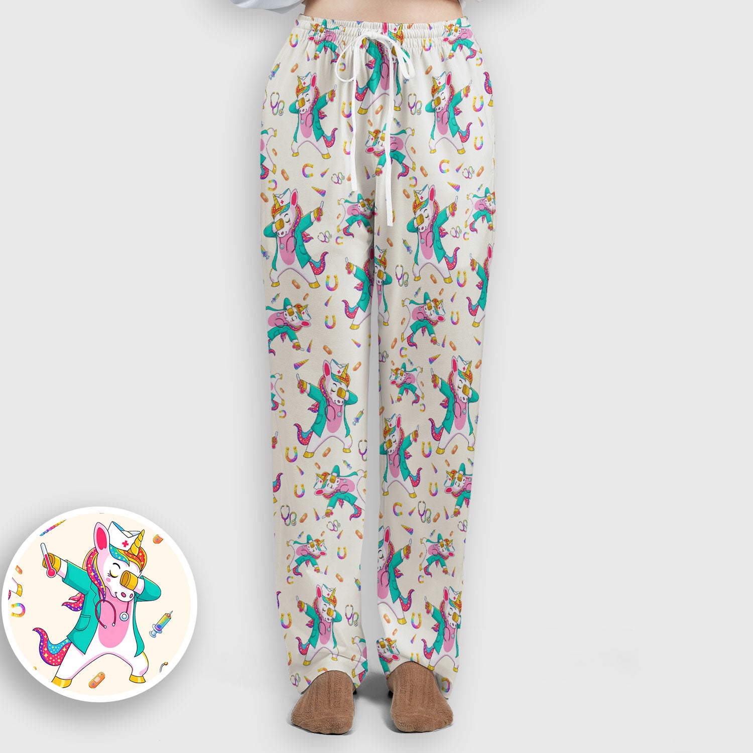 Cute Unicorn Nurse Dance Pattern Women's Sets, Scrub Pants and V Neck Top