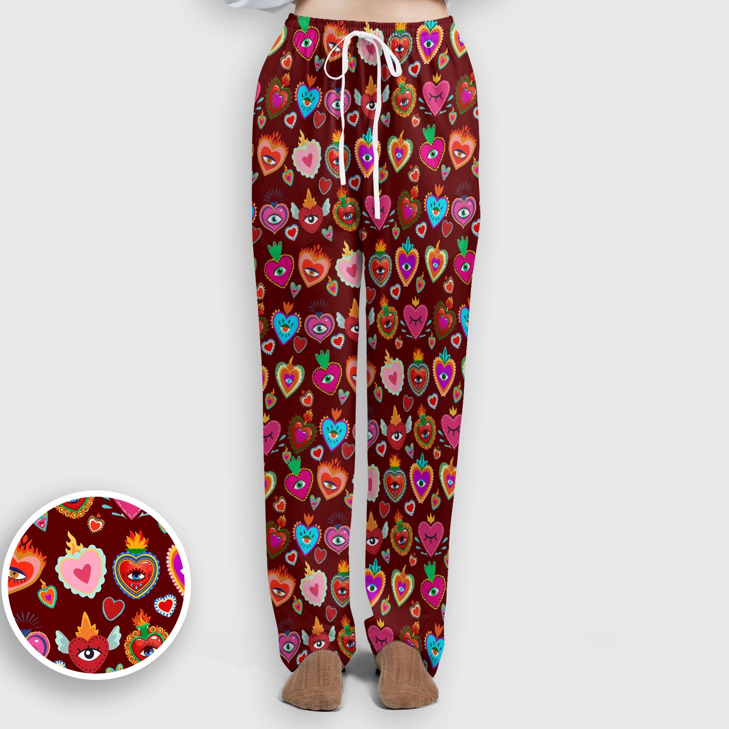 Valentine Colorful Sacred Heart Print Women's Scrub Set, Scrub Pants and V Neck Top