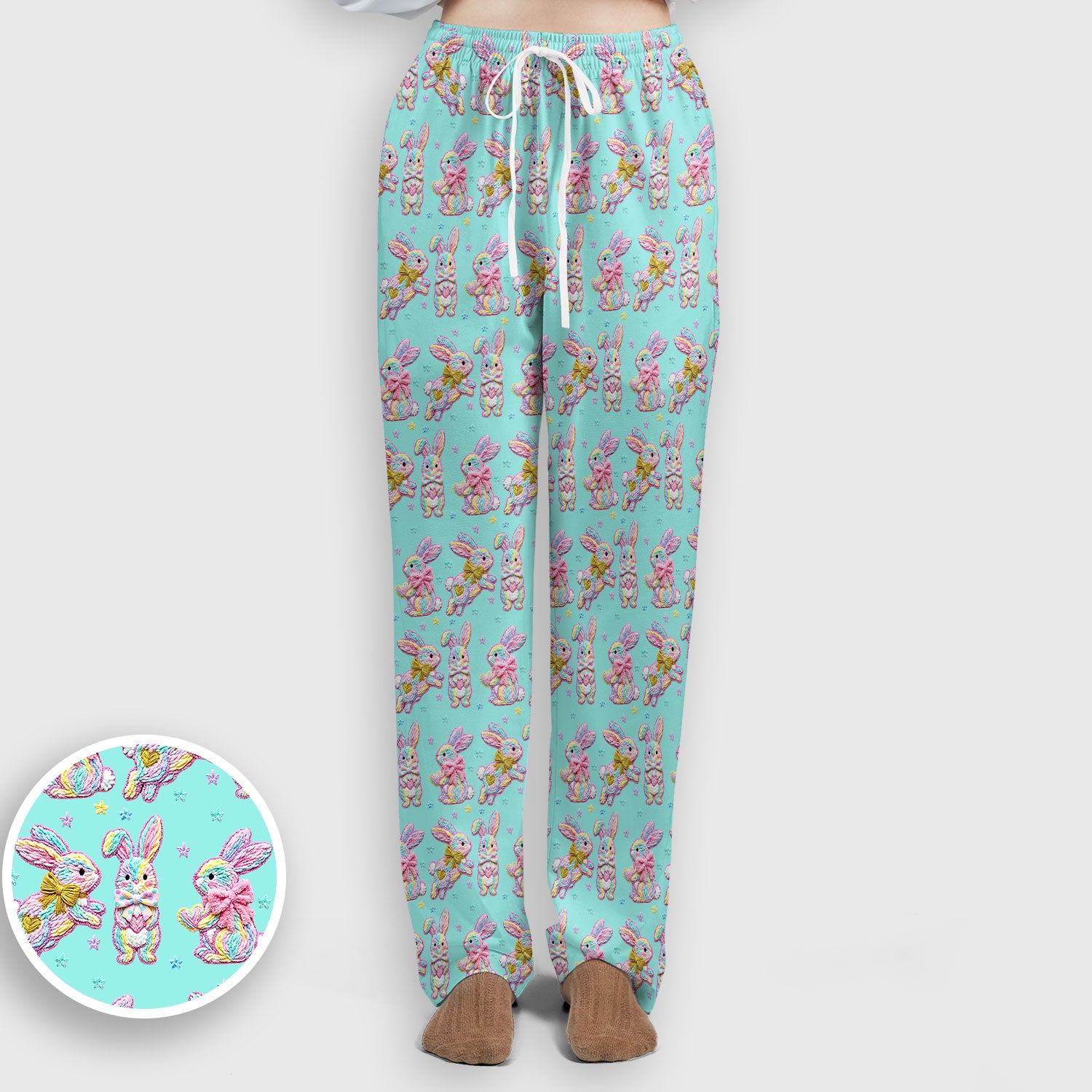 Cartoon Bunny All Over Print Set, Scrub Pants and V Neck Top