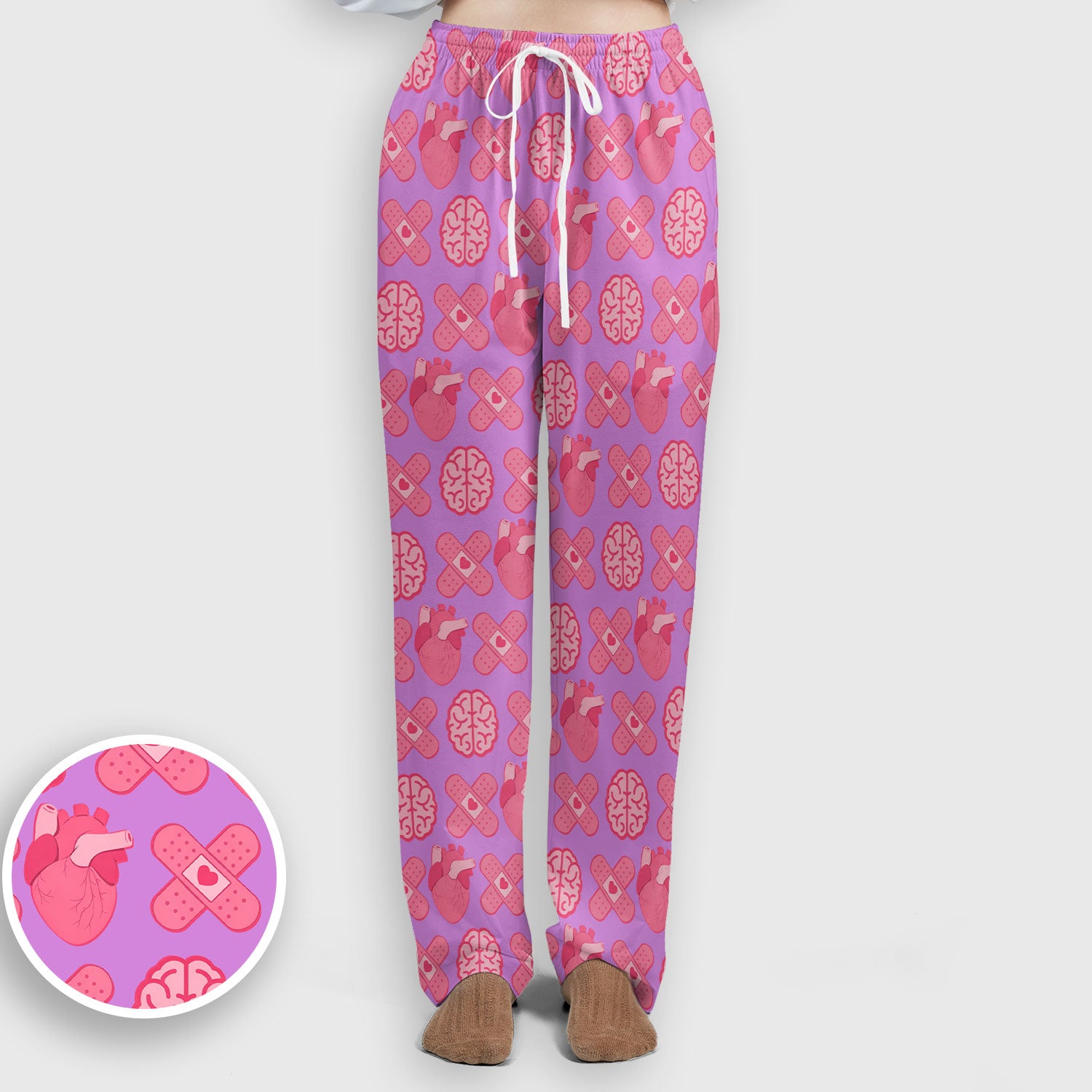 Heart & Brain Medical Icon Pattern Scrub Set, Scrub Pants and V Neck Top