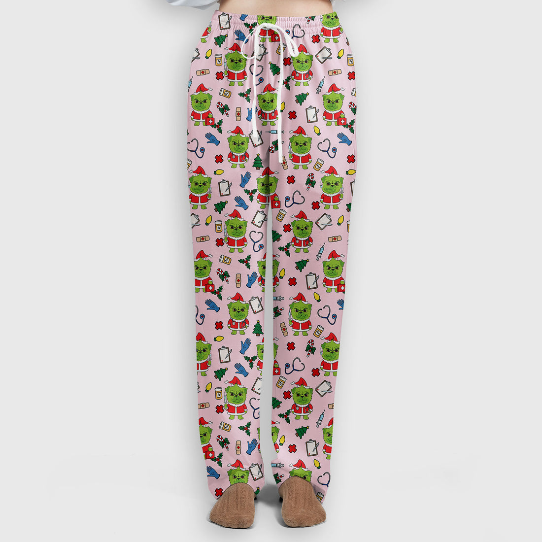 Funny Nurse Christmas Scrubs Set - Grumpy Dog Pattern with Medical Tools - Festive Holiday Scrub Top and Pants for Women