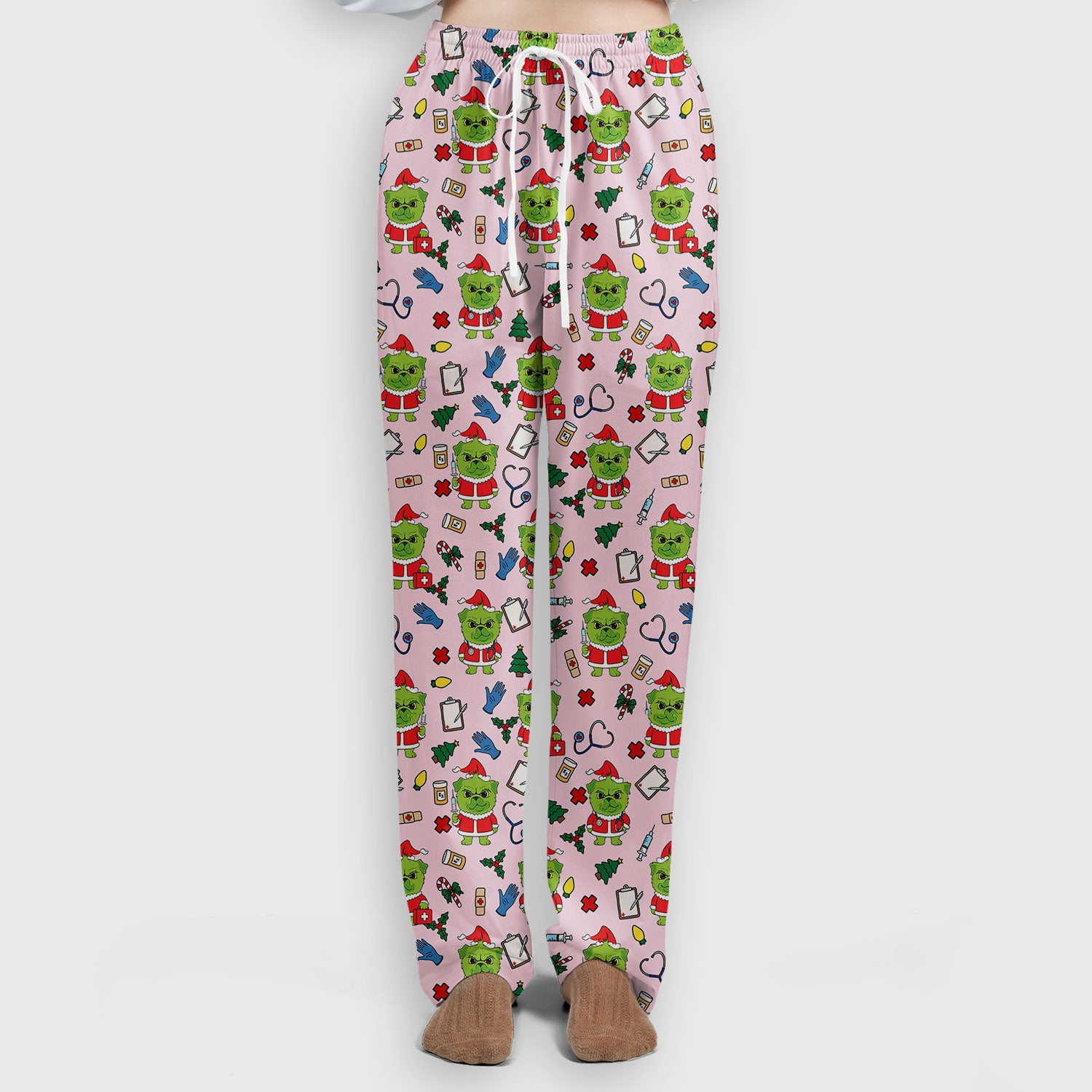 Funny Nurse Christmas Scrubs Set - Grumpy Dog Pattern with Medical Tools - Festive Holiday Scrub Top and Pants for Women