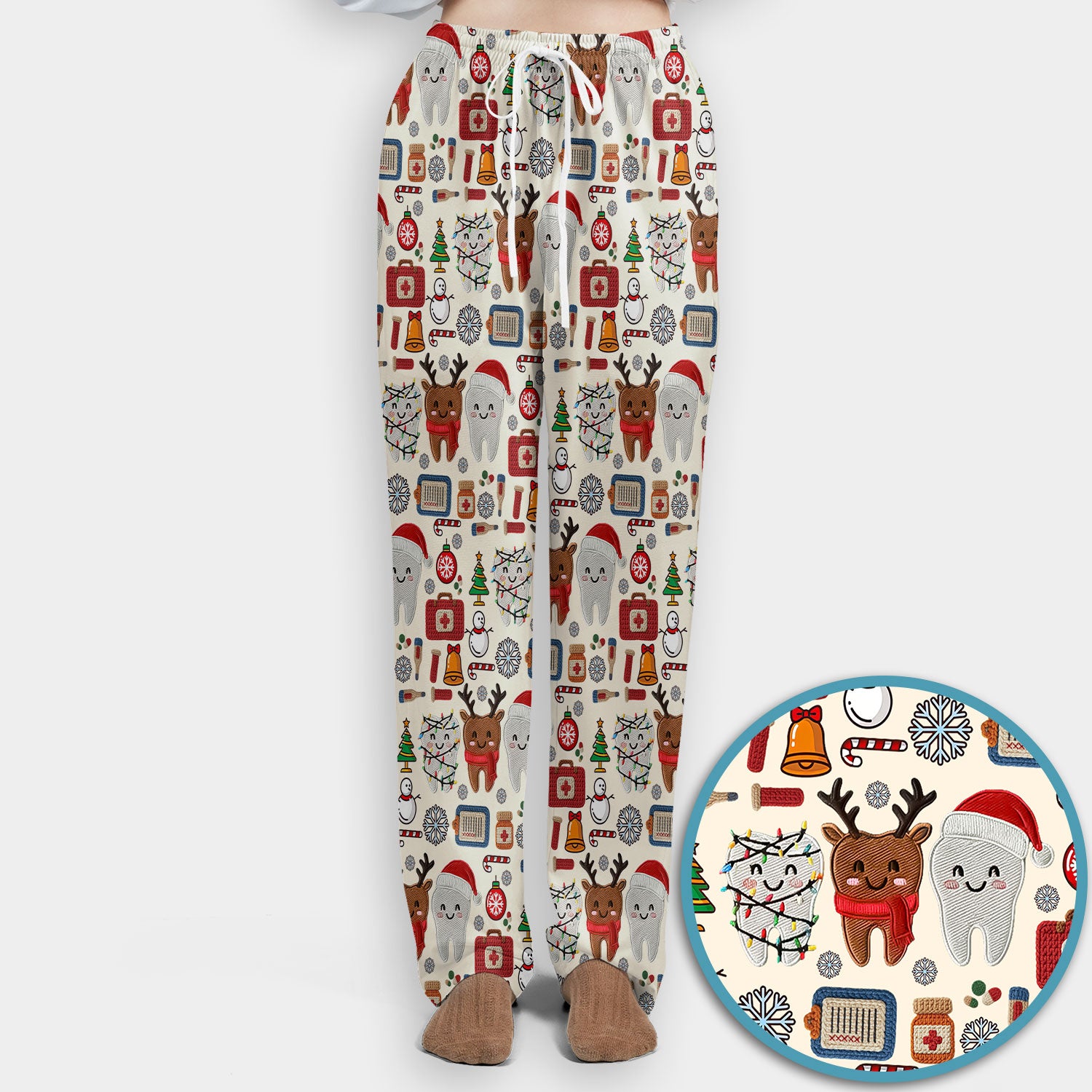 Christmas Dental Scrub Set - Cute Santa & Reindeer Tooth Pants and V Neck Top - Funny Gift for Dentists, Hygienists, Nurses