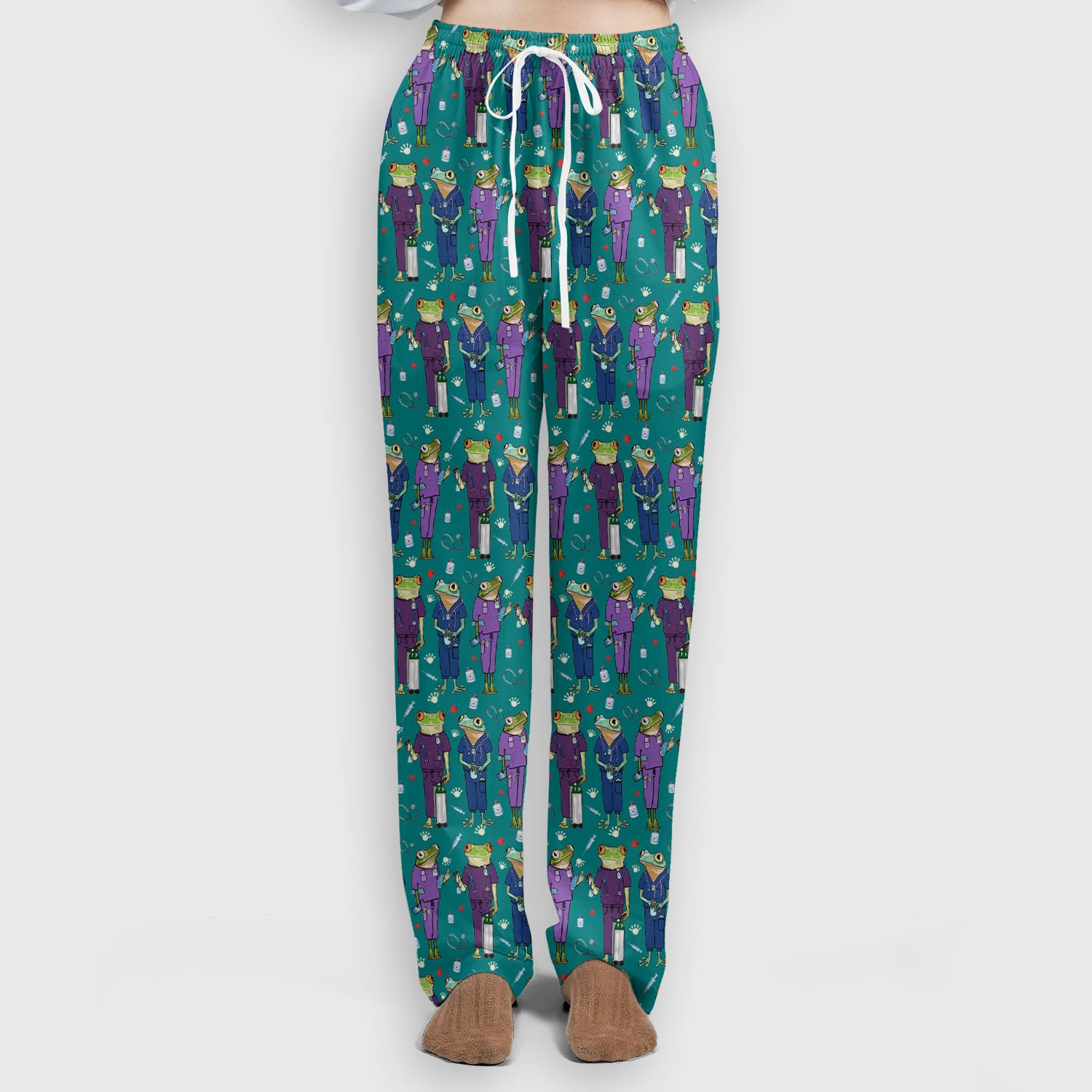 Funny Frog Nurse Pattern Scrub Set, Scrub Pants and V Neck Top