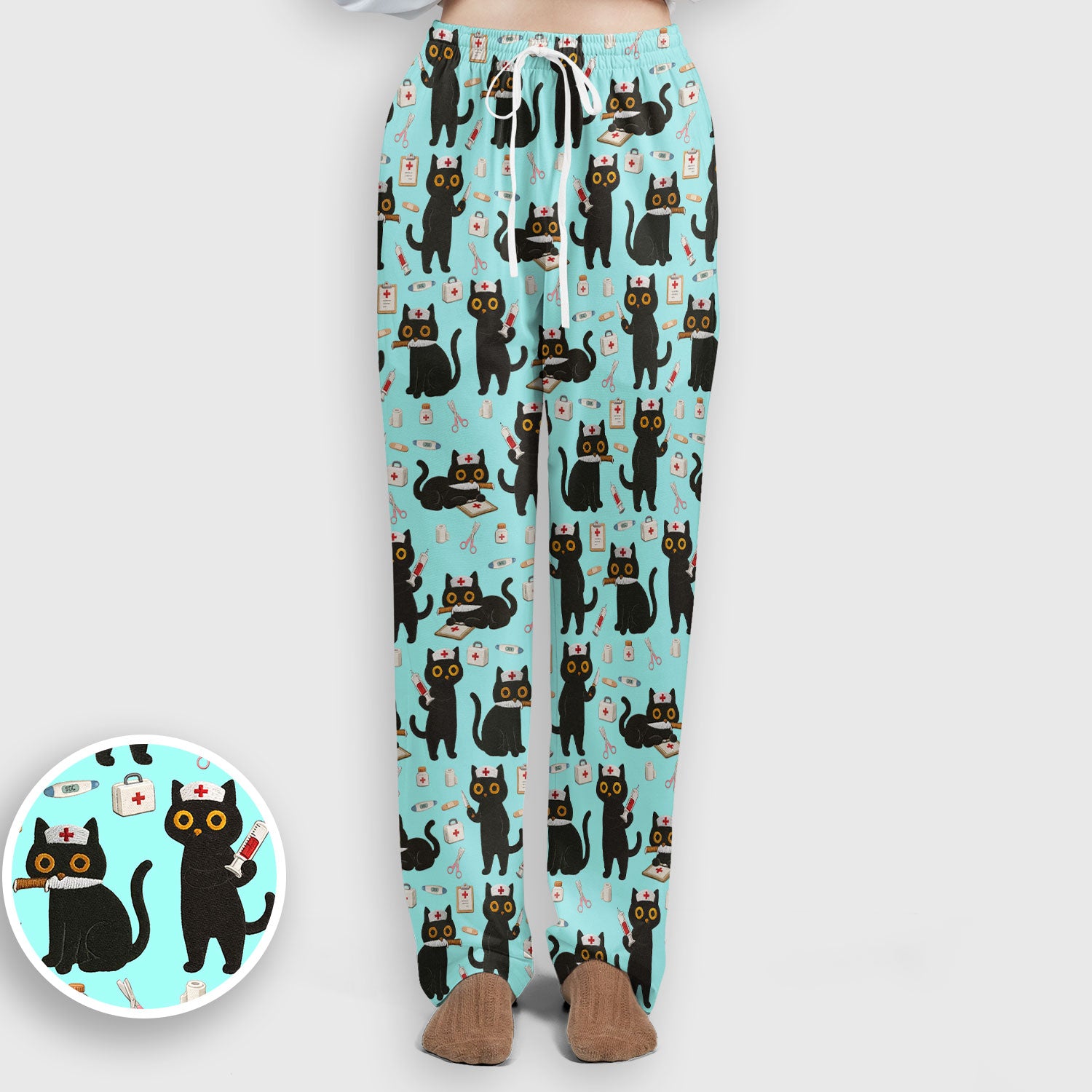 Cute Black Cat Nurse Pattern Women's Scrub Set, Breathable Med Uniform