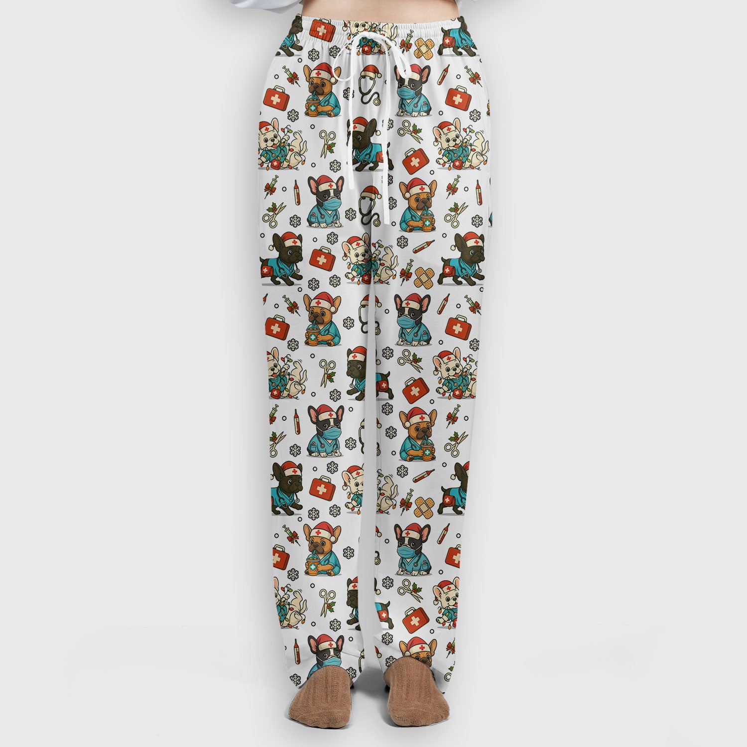 Christmas Dog Nurse Scrub Set for Women - Cute French Bulldog Pattern Scrub Top and Pants - Funny Holiday Nursing Outfit Gift for RN LPN CNA