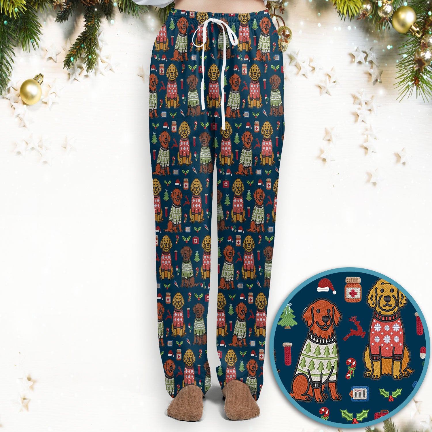Golden Retriever Christmas Scrub Set, Cute Holiday Dog Nurse Pattern Shirt, Breathable Fabrics Nursing Uniform