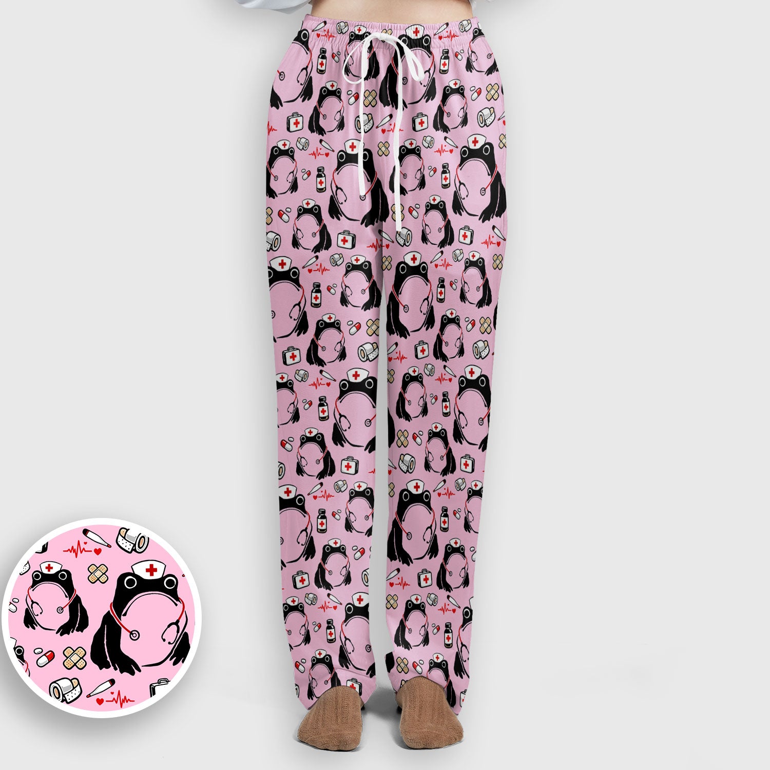 Cute Frog Nurse Medical Pattern Scrub Set, Breathable Med Uniform