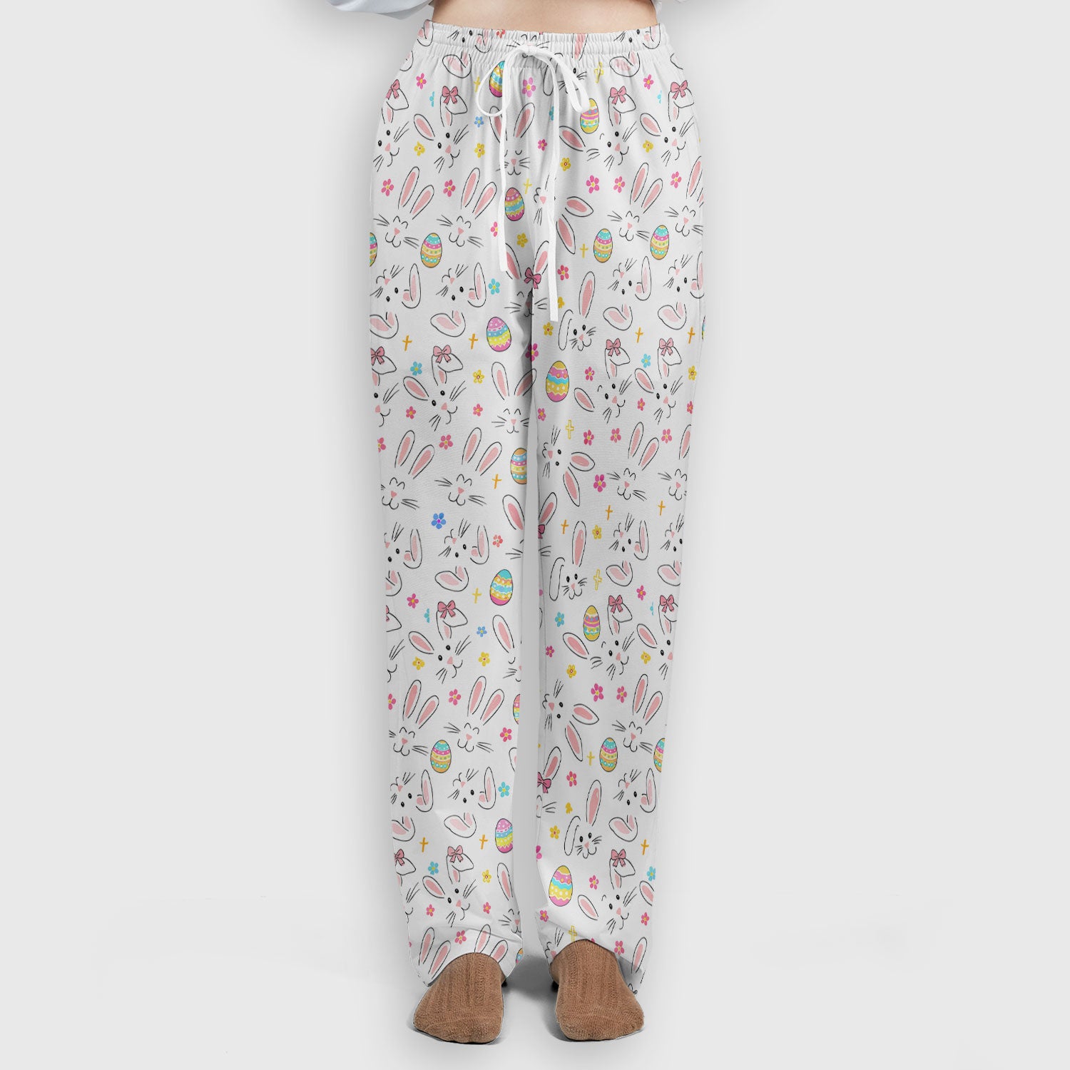 Easter Bunny Faces And Pastel Egg Print Scrub Set, Scrub Pants and V Neck Top
