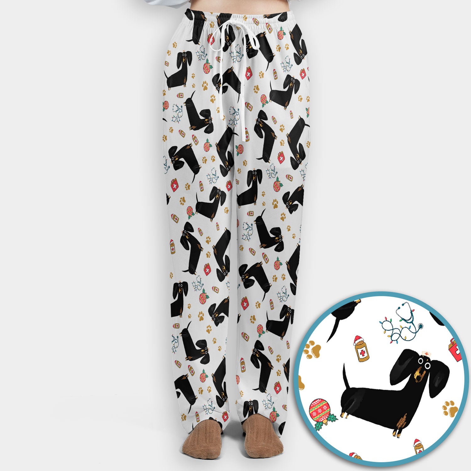 Funny Wiener Dog Scrub Sets for Nurses - Cute Black Dachshund Pants and V Neck Top - Dog Lover Nursing Uniform Gift for Women