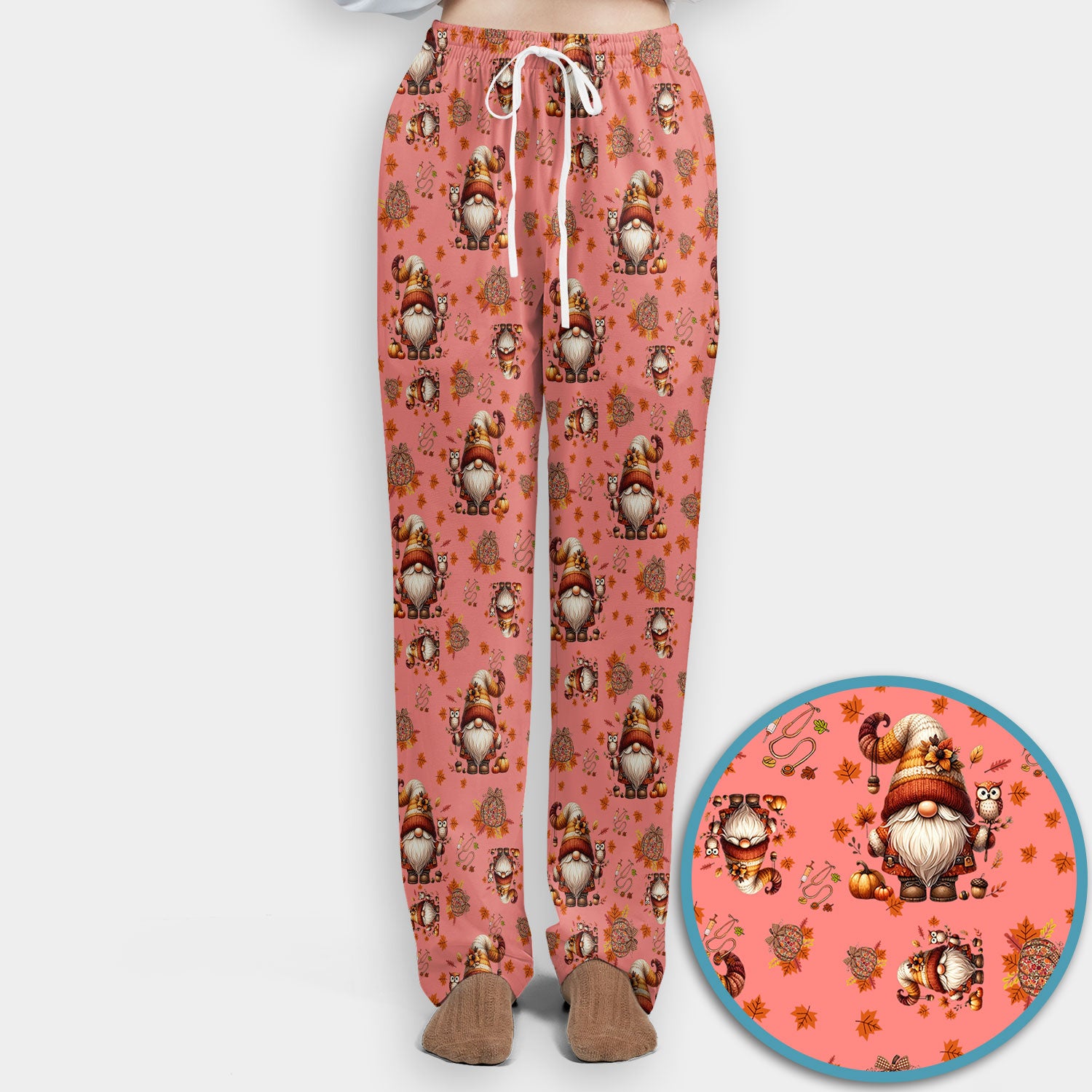 Fall Gnome Women's Scrub Sets - Autumn Leaves Pumpkin Scrub Pants and V Neck Top - Thanksgiving Nursing Uniform