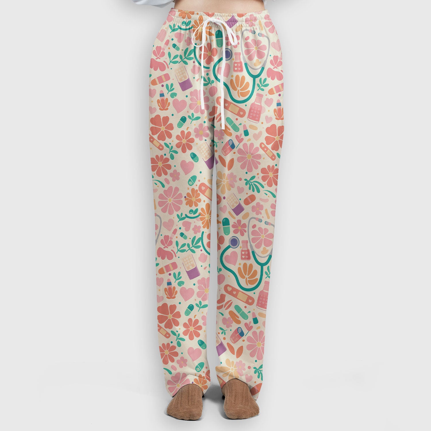 Cute Medical Floral Pattern Scrub Set, Scrub Pants and V Neck Top