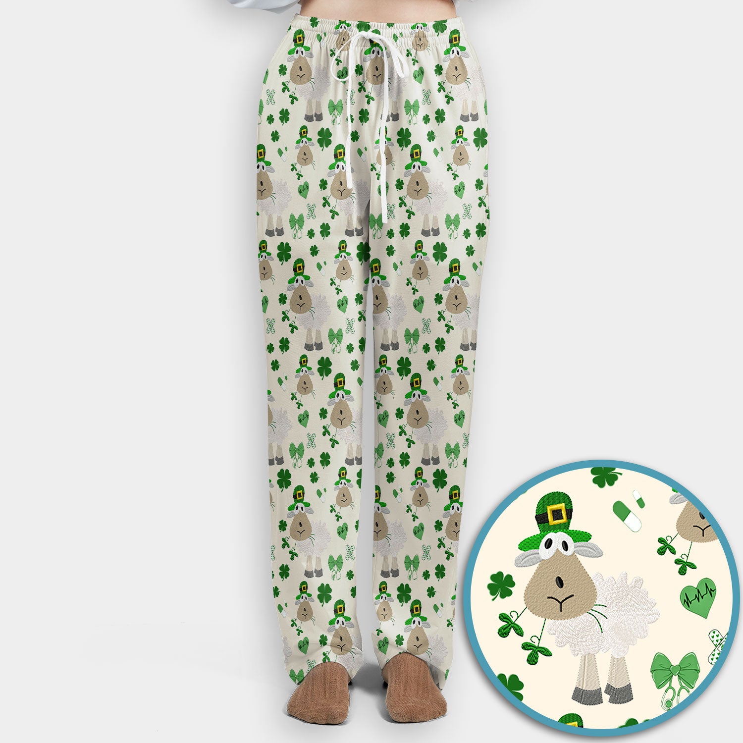 Nurse St. Patrick Scrubs Set, Cute Sheep Shamrock Pattern Nurse Shirt, Breathable Fabrics Nursing Uniform