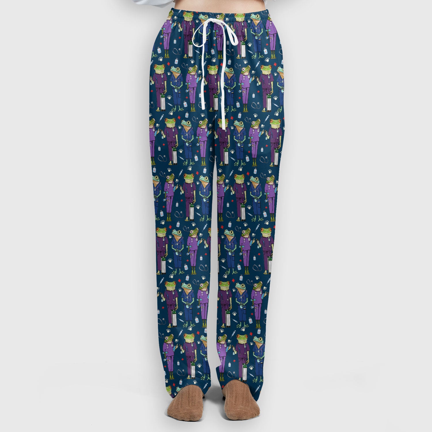 Funny Frog Nurse Pattern Scrub Set, Scrub Pants and V Neck Top